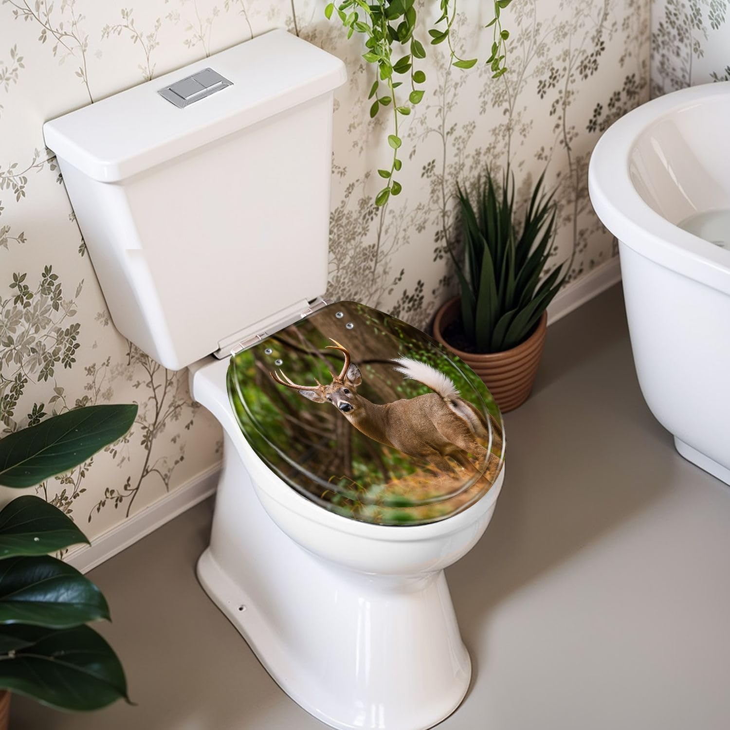 Round Toilet Seat Deer Hunting Animals Hunting White Tailed Deer Pennsylvania Stag Resin Toilet Seat Slow Quiet Close Lid with Quick-Release Hinges Cover Bumpers Easy to Clean Install