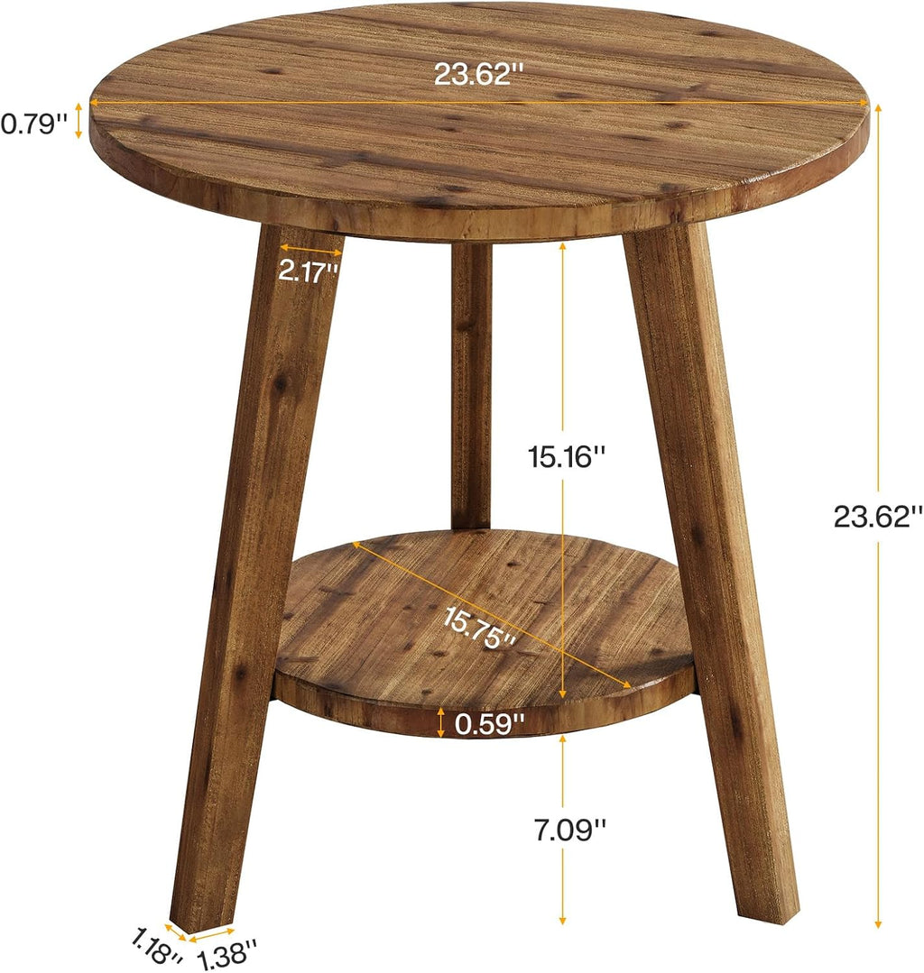 Solid Wood Round End Table Set of 2, Sofa Side Table with Storage Shelf, Farmhouse Nightstand for Living Room, Bedroom, Easy Assembly (Natural, 2 PCS)