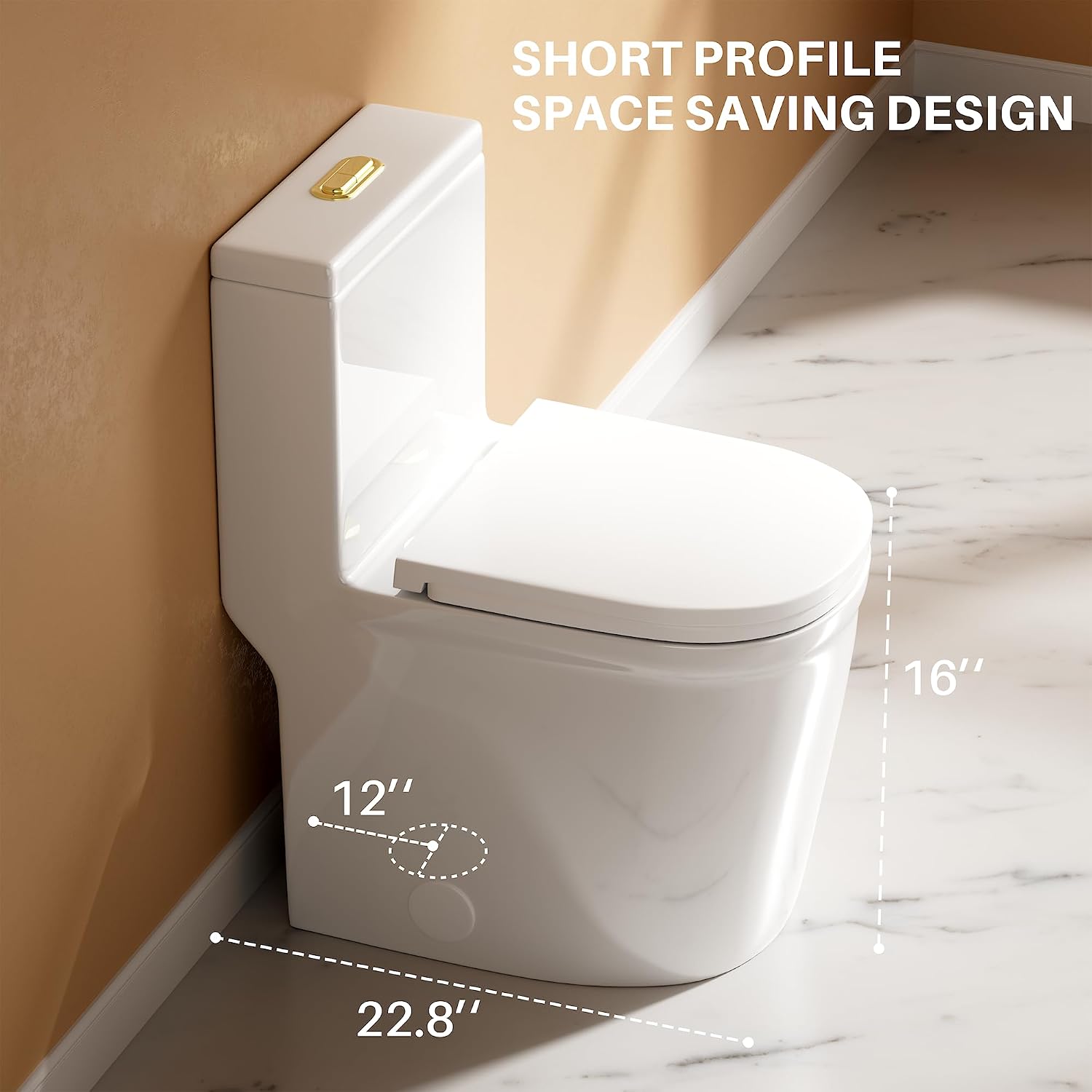 WinZo 23-inch Small Toilet One Piece with Golden Push Button Modern Design For Compact Narrow Bathroom 12' Rough-in White