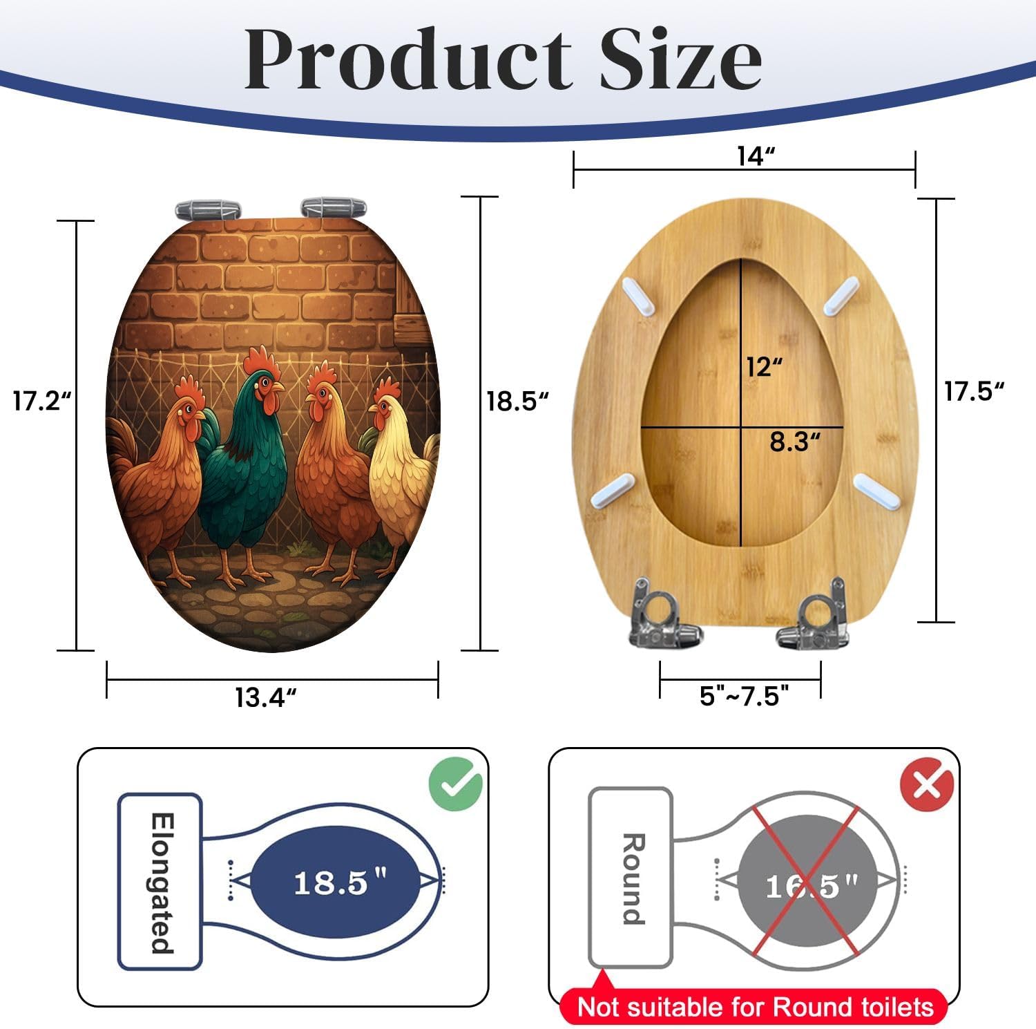 Elongated Toilet Seat Wooden Kitchen Chicken Farm Farmhouse Animal Rooster Rustic Dining Chickens Wood Toilet Seat Slow Quiet Close Lid with Quick-Release Hinges Cover Bumpers Easy to Clean Install