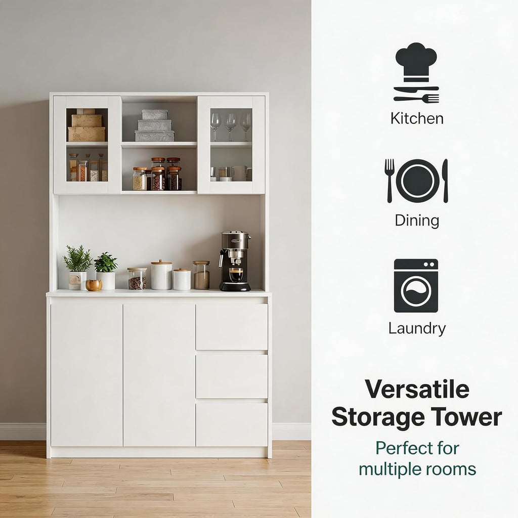 71' Kitchen Pantry Cabinet,Tall Storage Cabinet with Doors & Shelves Adjustable, Kitchen Storage Hutch with Microwave Shelf,Coffee Bar,Led Lights&Charging Station,Corner Pantry Cabinet for Living Room