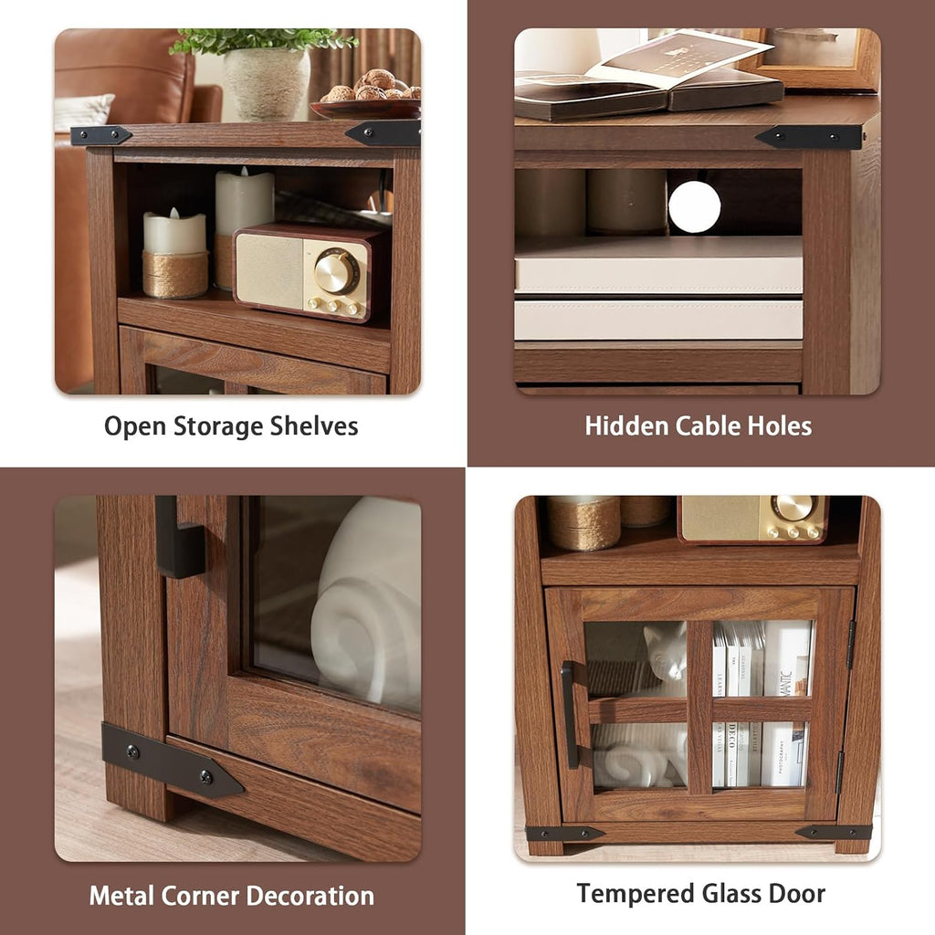 Barnyatoh Farmhouse Nightstand with Charging Station, Rustic End Table with Tempered Glass Barn Door, Wood Sofa Side Bedside Table with Open Storage Shelf for Living Room, Bedroom, Brown, 2 Pack