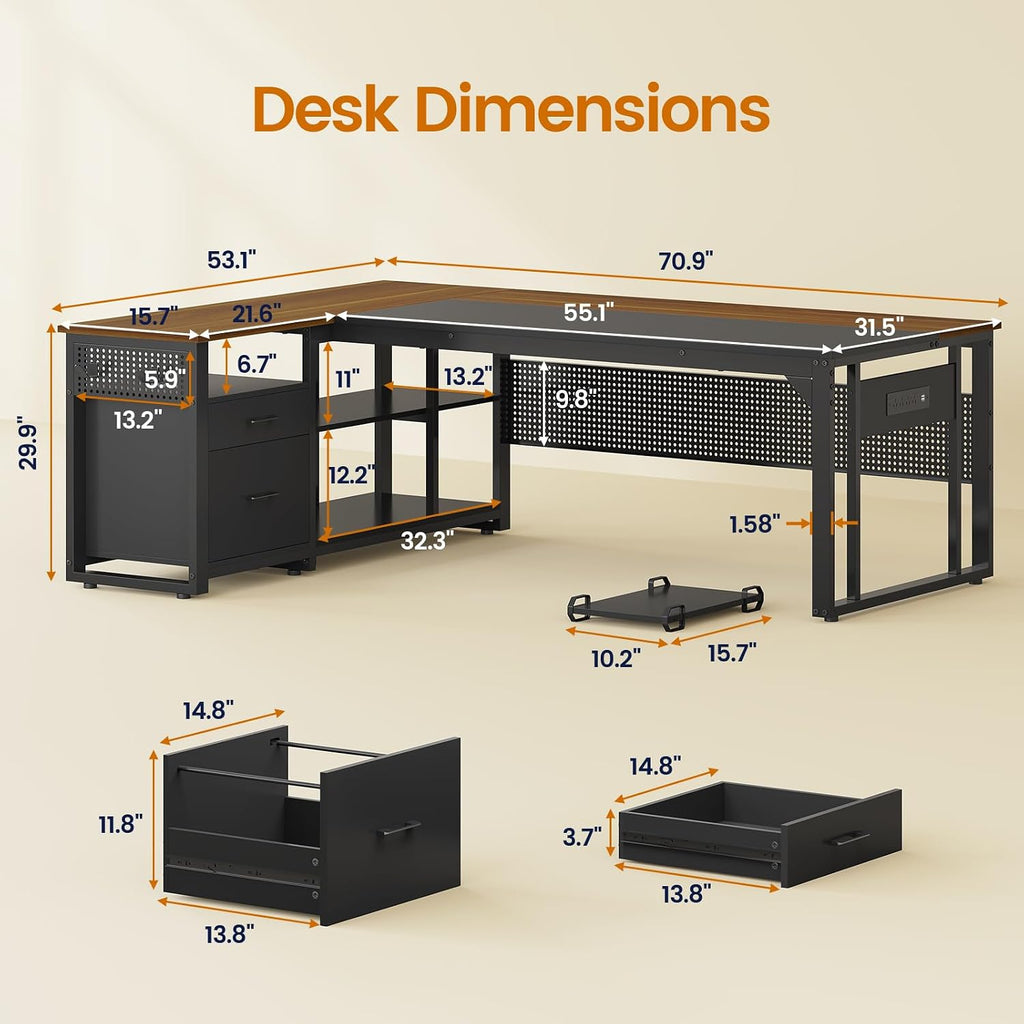 UPOSOJA 71 in Executive Desk with Power Outlets, Reversible L Shaped Computer Desk with File Drawers & Storage Shelves, Large Office Desk with Pegboard, Mobile CPU Stand, Modern Corner Desk (Walnut)