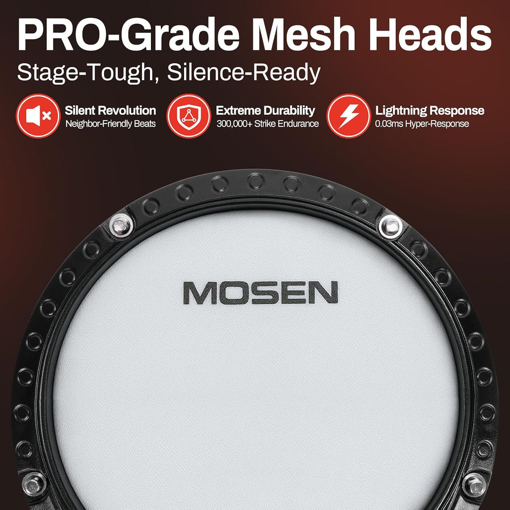 MOSEN Electric Drum Set, Quiet Mesh Drum Pads, Dual-Zone Snare, 195+ Sounds, Phone Holder, Sticks, Headphones, USB MIDI, 2 Pedals, 25 Electronic Drums Kit for Beginner, MED-X3S