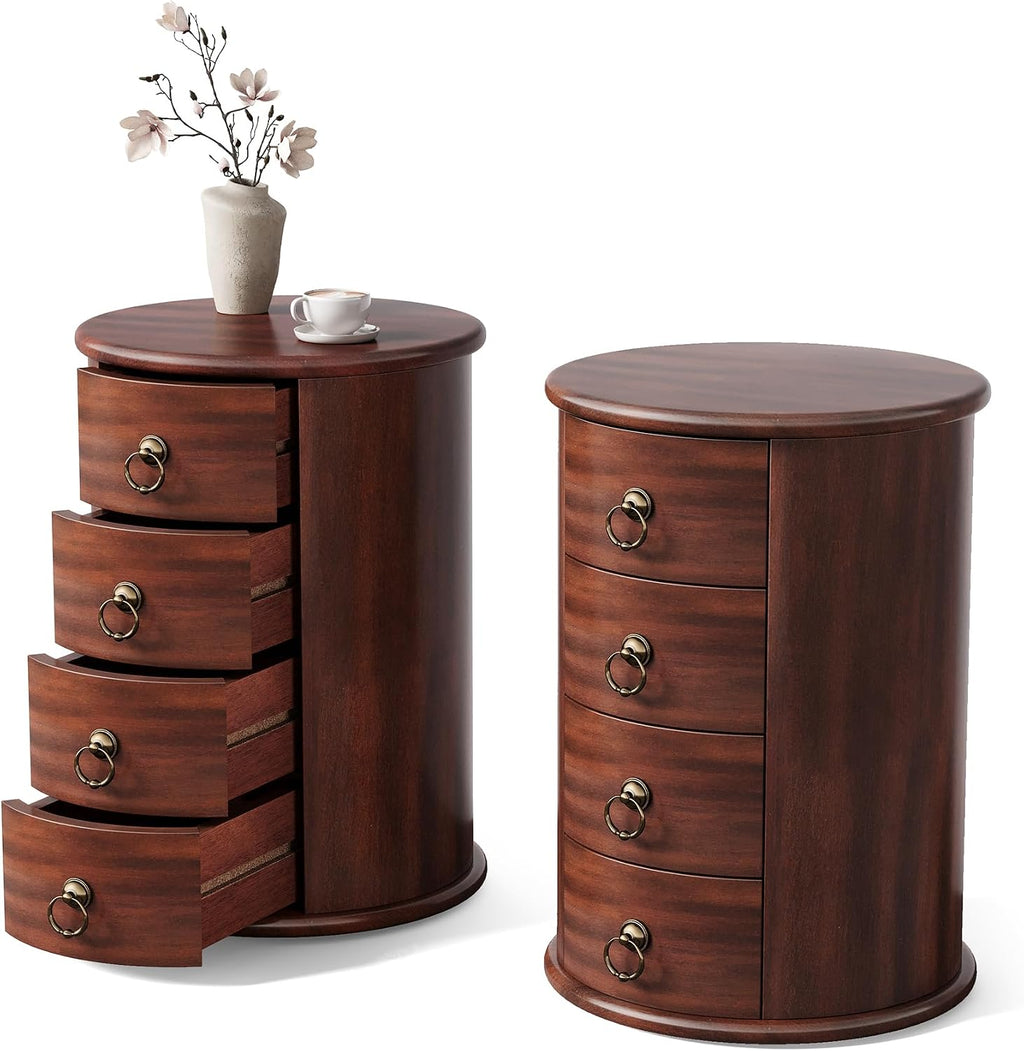 LITTLE TREE Night Stand Set of 2, Small Solid Wood Side Table with 4 Drawers, Mid Century Round End Tables with Storage for Living Room, Bedroom, Small Spaces, Couch, Bedside, No Assembly Required