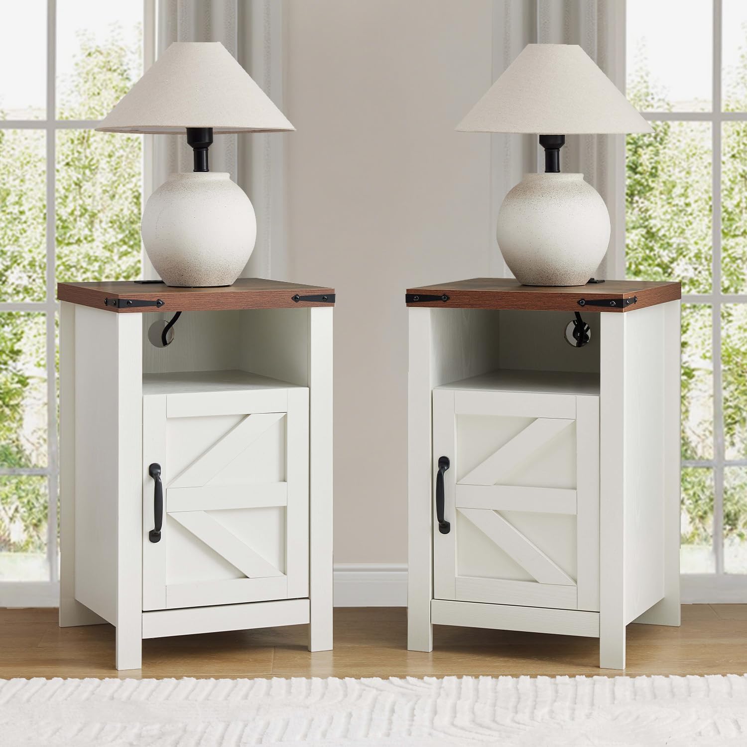 Farmhouse Nightstand Set of 2, Bedside Table with Charging Station, Night Stand with Barn Door, White End Table Sofa Side, Nightstand Storage for Bedroom Living Room, White