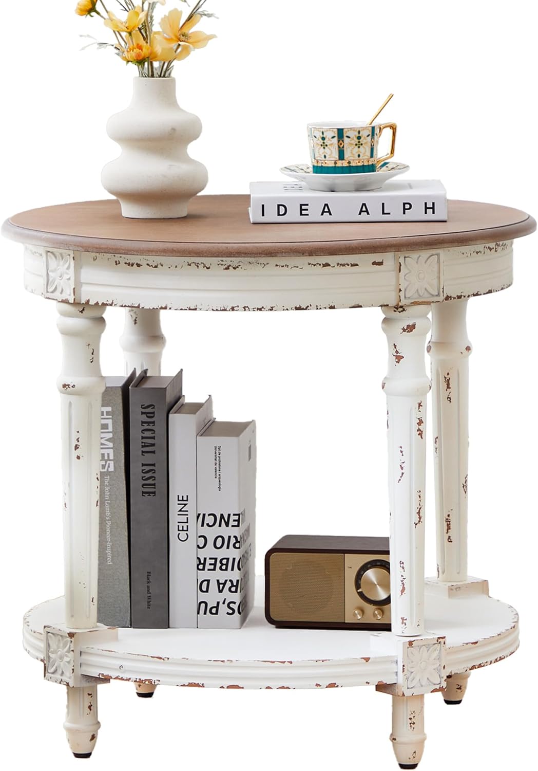 BERRYMERRY 23.6' French Country Two Tone Round End Table,Chipped White Vintage 2 Tier Side Table for Living Room Small Space,Easy Assembly (White 1 PC)
