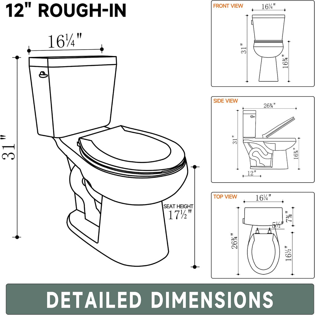 17 Inch Compact Tall Toilet ADA Height Seat 17.5', Single Flush 1.28 GPF, Left-Hand Trip Lever, Powerful Tornado Flush Two Piece, 12' Rough-in for Bathroom, Comfort Bowl Heigh 16.75', White