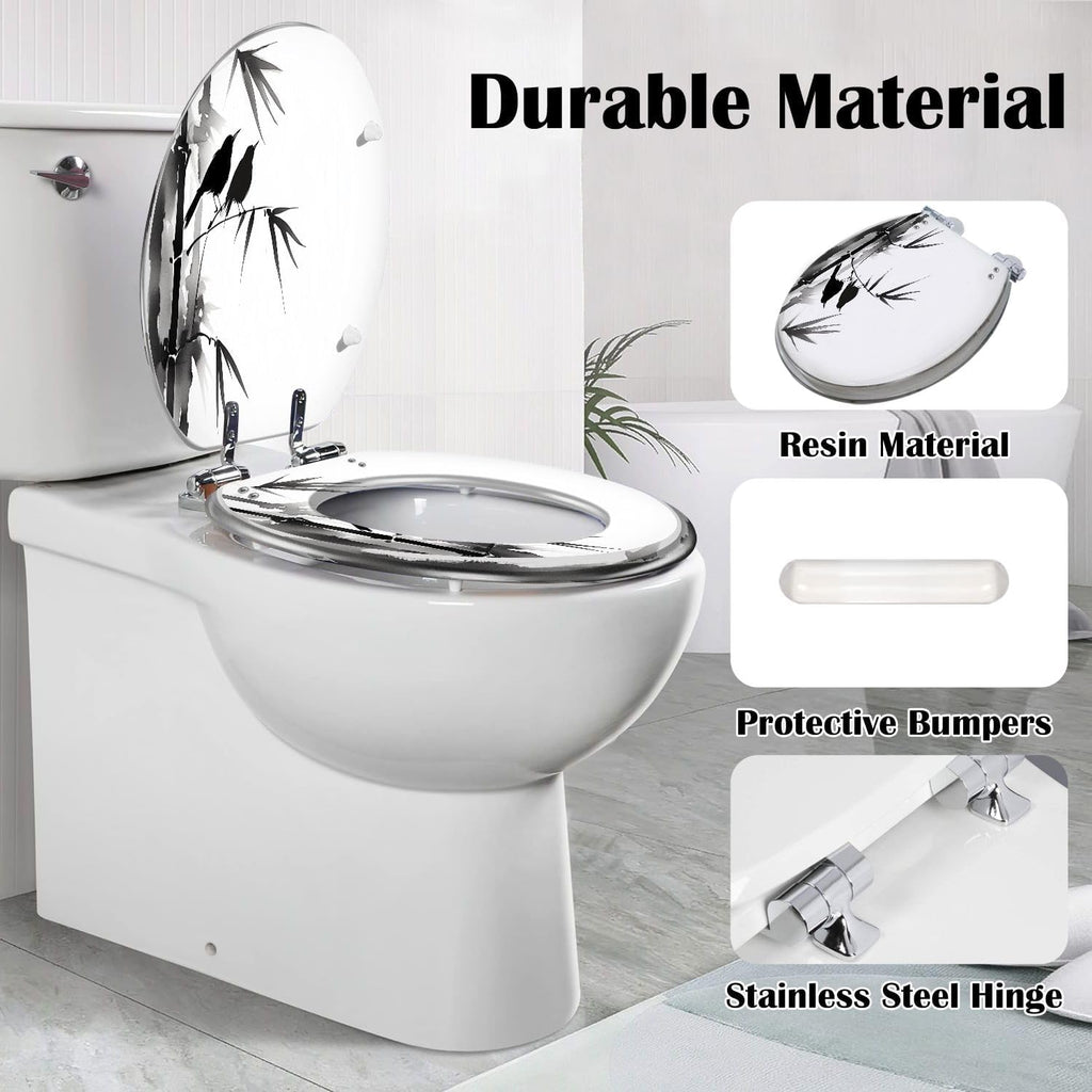 Elongated Toilet Seat Two blackbirds bamboo Traditional oriental ink e hua Hieroglyph Resin Toilet Seat Slow Quiet Close with Quick-Release Hinges Toilet Seat with Cover Easy to Clean Install