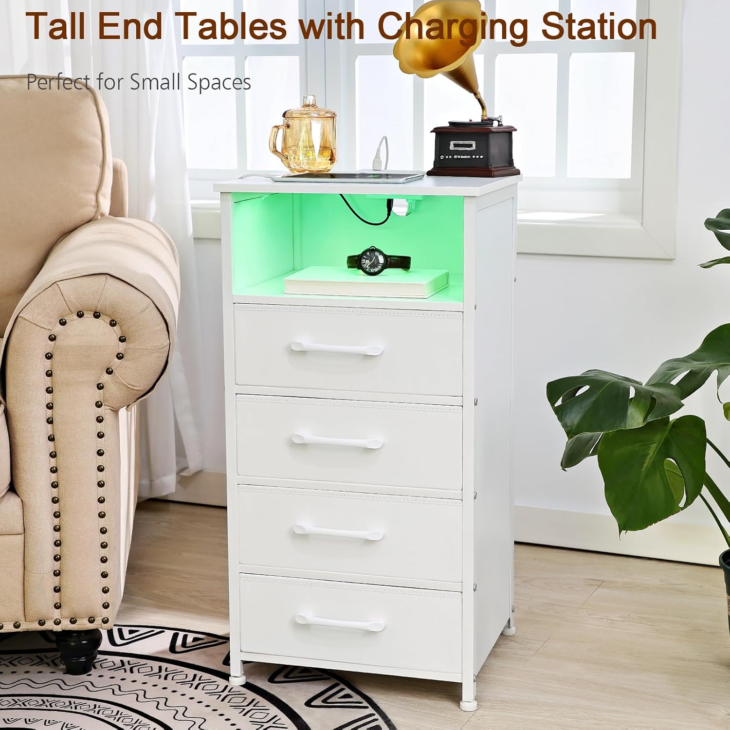 LOAKEKEL Night Stand Set 2, Tall Nightstand with Charging Station for Bedroom with 4 Drawers, LED End Table with USB Ports and Outlets, Bedside Table with Storage Shelf, White, HNS034WT