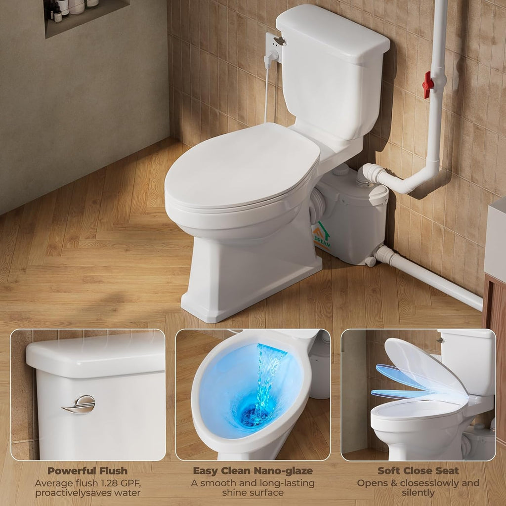Macerating Toilet with Pump, Two-Piece Upflush Toilet For Basement, Powerful & Quiet Macerating Pump System With 3 Water Inlet & Ac Vent, 36ft Vertically, Elongated Bowl oct4