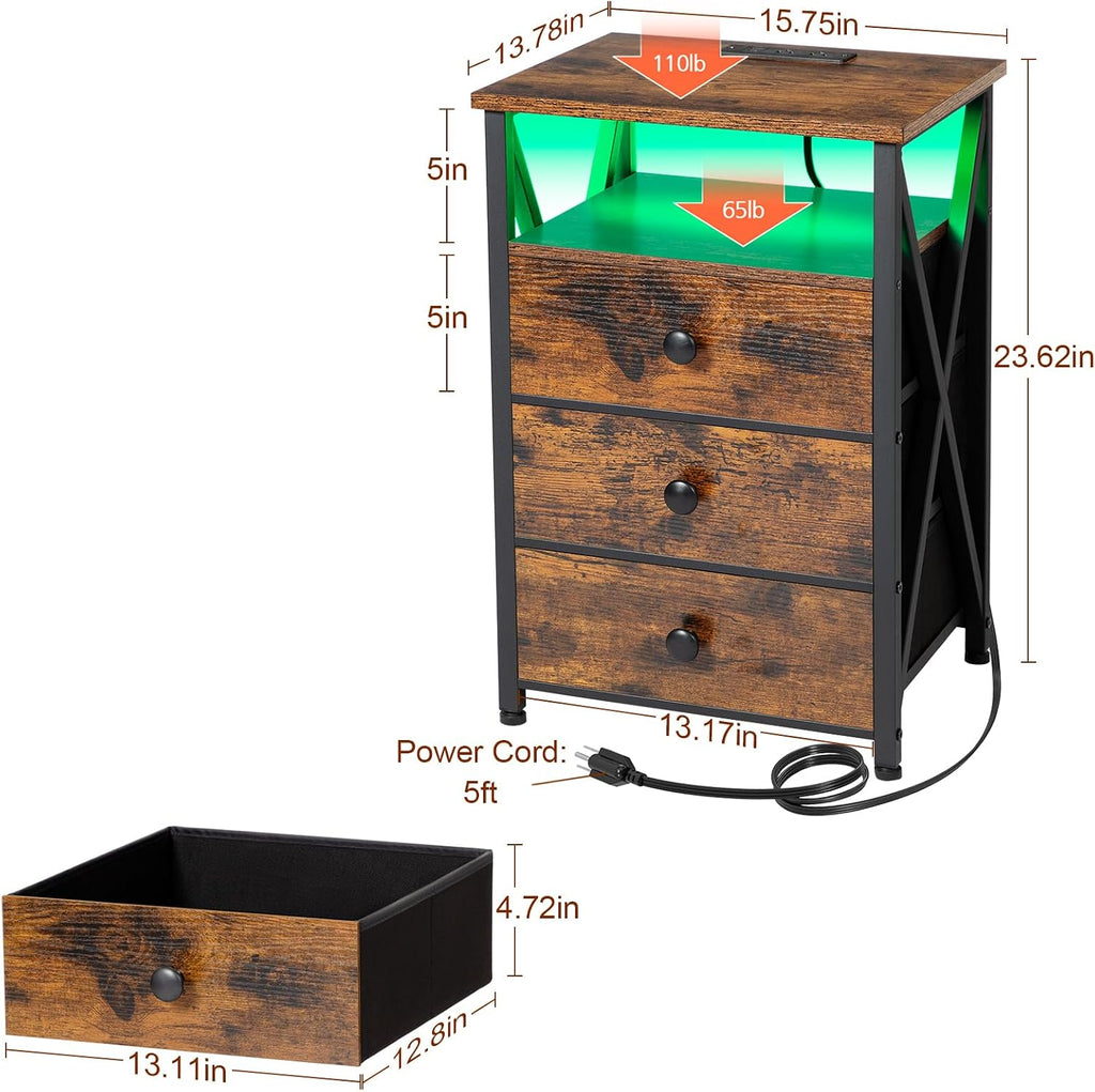 AMHANCIBLE Night Stand Set 2, LED Nightstand with Charging Station, End Side Tables with USB Port & Outlet, Bedside Tables with 3 Fabric Drawers for Bedroom, Rustic Brown HET053LBR