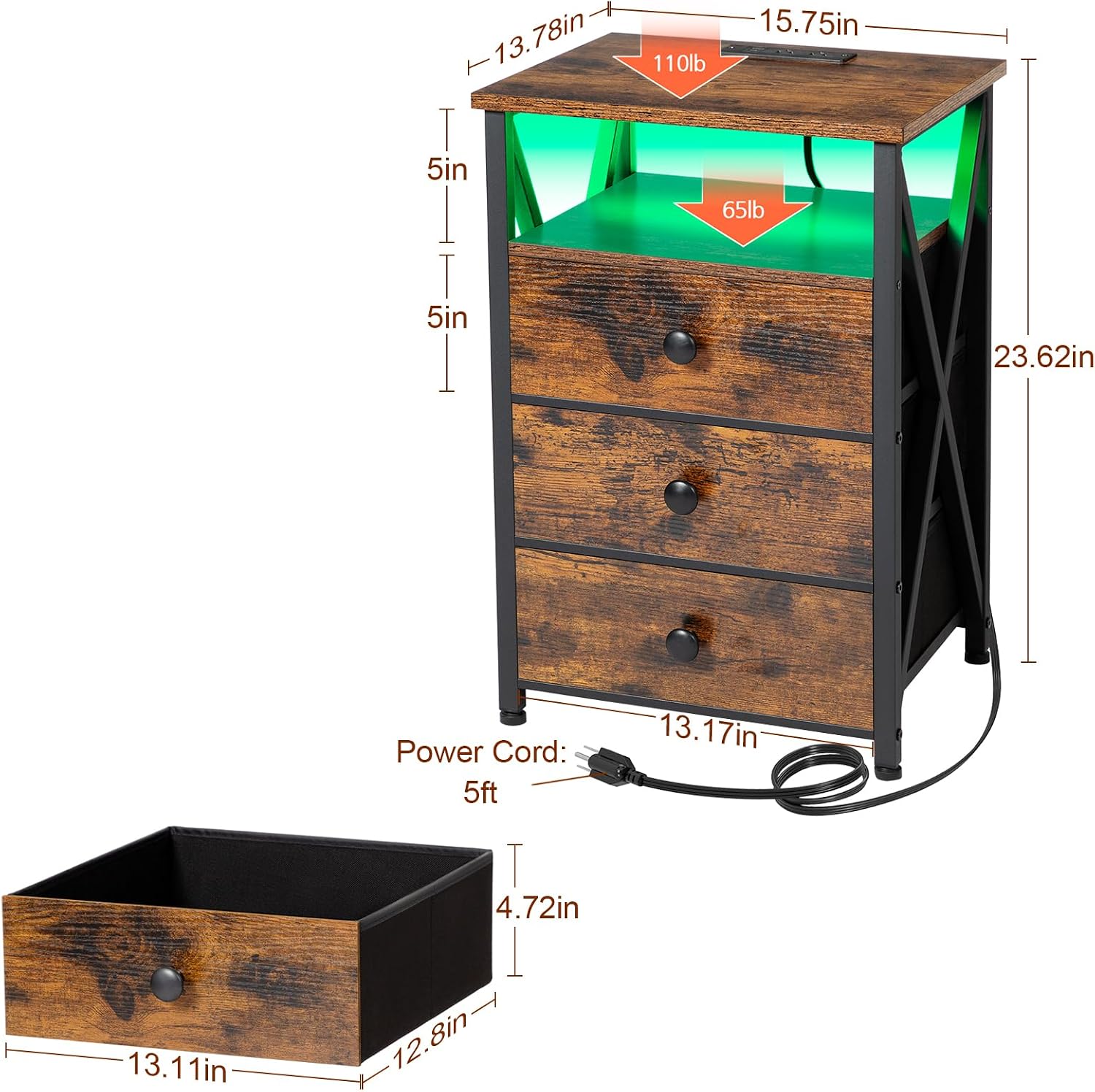 AMHANCIBLE Night Stand Set 2, LED Nightstand with Charging Station, End Side Tables with USB Port & Outlet, Bedside Tables with 3 Fabric Drawers for Bedroom, Rustic Brown HET053LBR