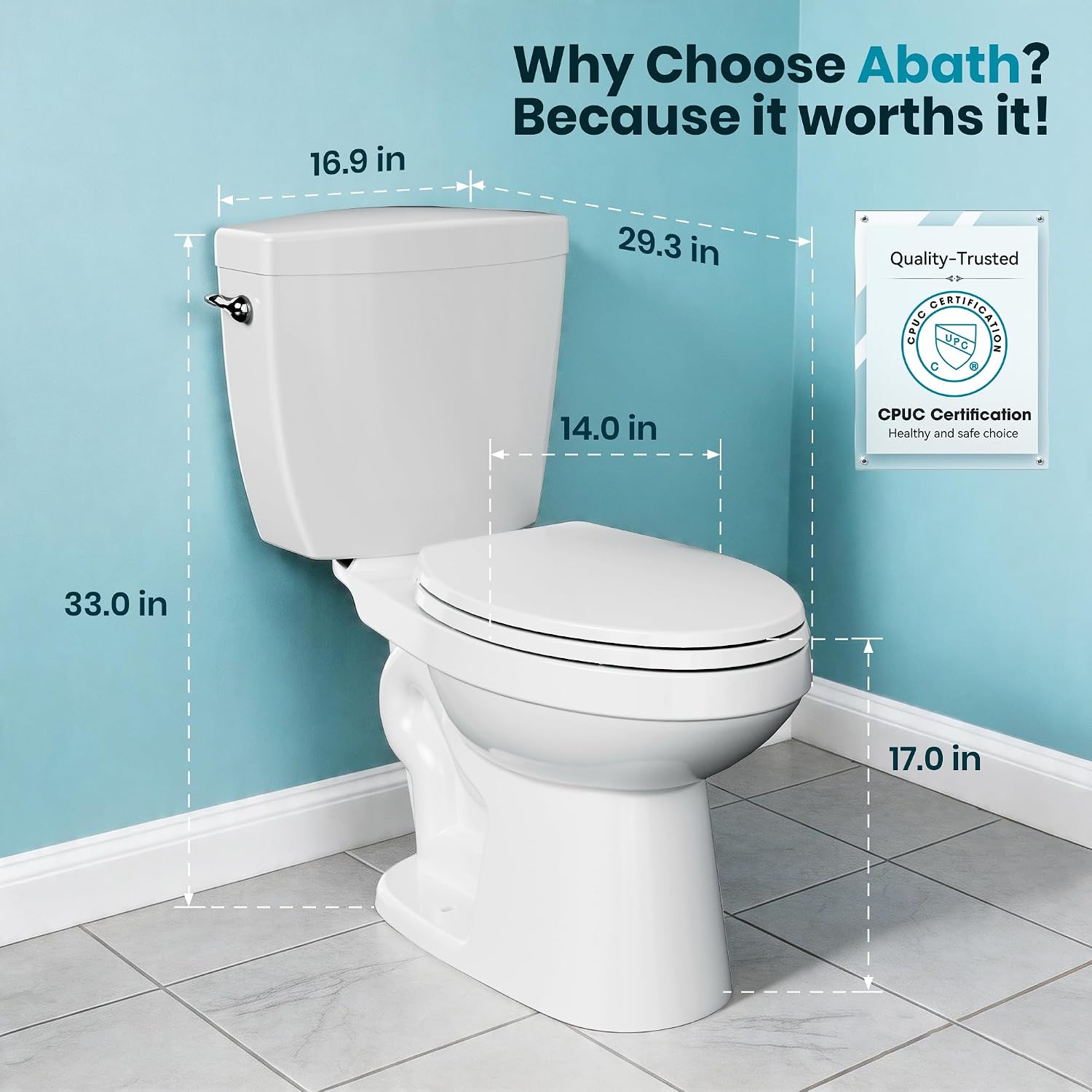 ABath 17.5' Tall Toilet Elongated with Soft Close Seat & 360° TSUNAMI Flush 1 GPF, WaterSense/1000g Map Certified, NANO CLEAN Ceramic, Two Piece Compact Toilets for Small Bathrooms, 12' Rough in