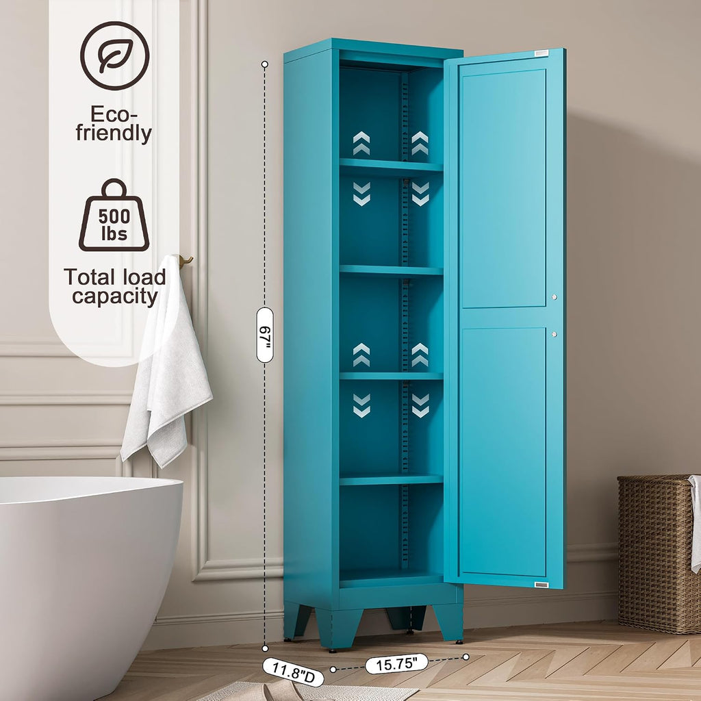 Baborokic Tall Narrow Storage Cabinet,Metal Cabinet with 5 Adjustable Shelves,Narrow Pantry Storage Cabinetwith Single Barn Door, Slim Cabinets for Corner,Bathroom,Kitchen,Entryway 67H Blue