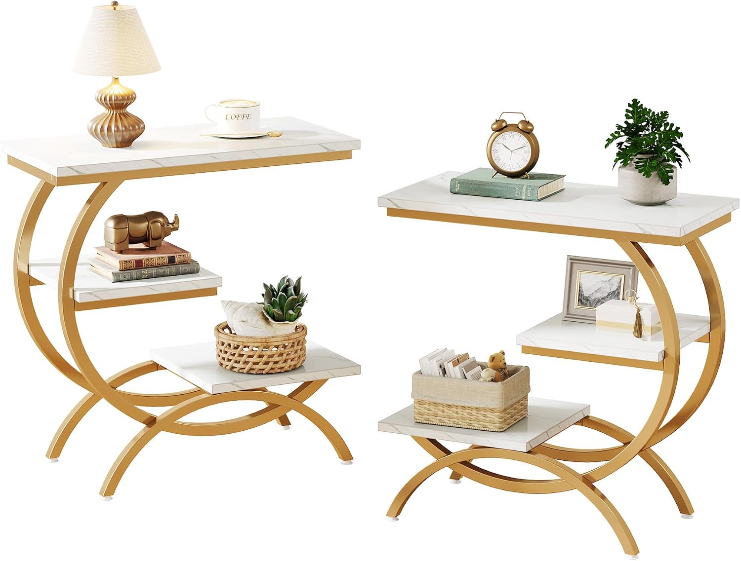 Tribesigns C-Shaped End Table Set of 2, Industrial 3-Tier Small Side Table for Couch, Wood Bedside Table Snack Side Table with Storage Shelves for Living Room Small Space, White Gold
