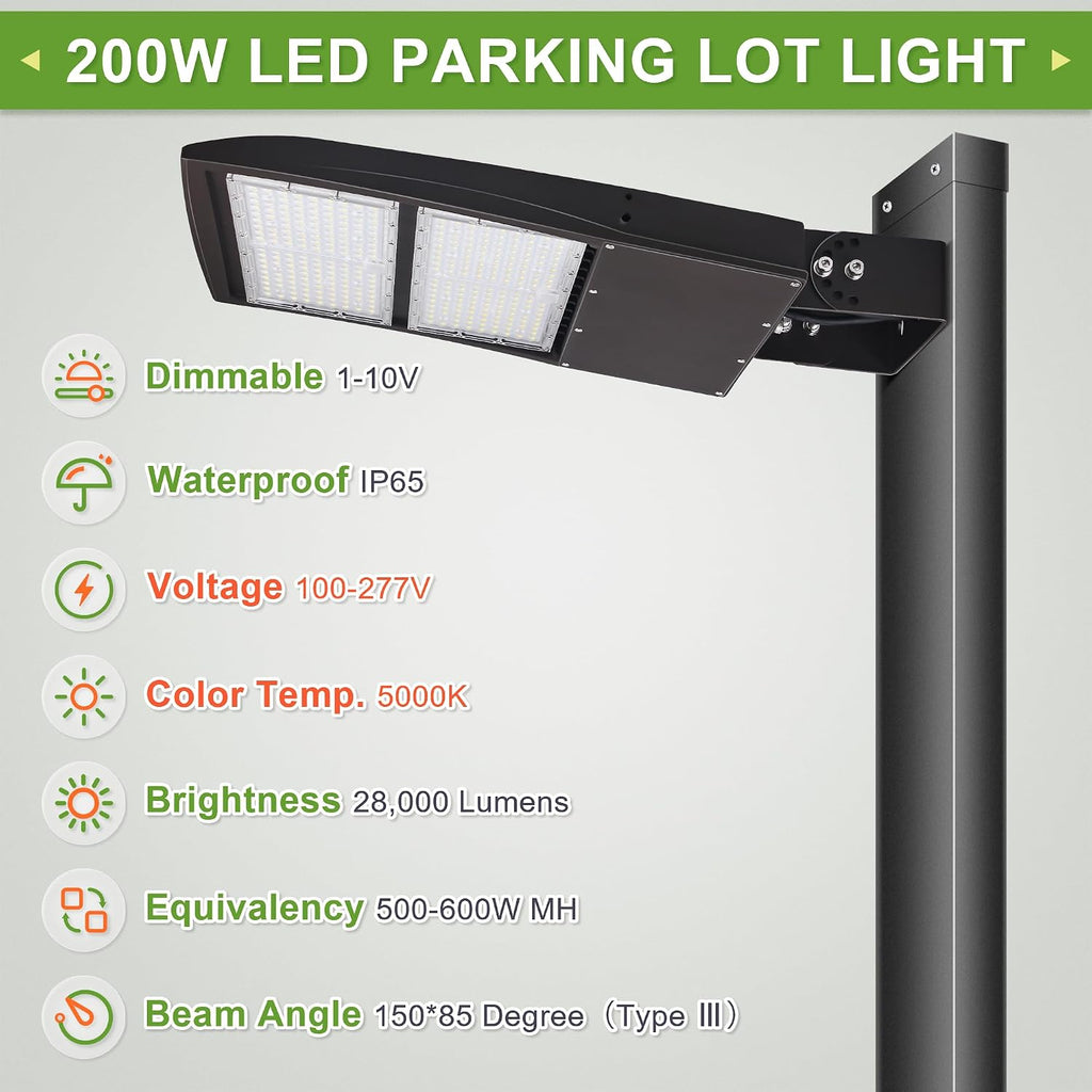 200W LED Shoebox Parking Lot Lights, 20KV Surge Protector, 1-10V Dimmable, 500W-600W MH Equiv, LED Street Road Lamps with Yoke/Wall Mount, 27000LM DLC Premium UL Listed 5000K 100-277VAC