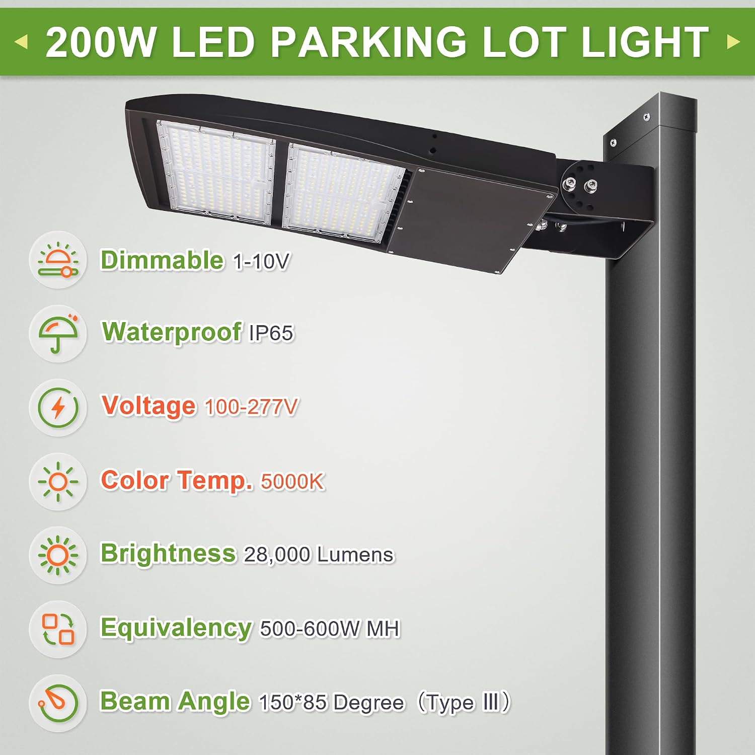 200W LED Shoebox Parking Lot Lights, 20KV Surge Protector, 1-10V Dimmable, 500W-600W MH Equiv, LED Street Road Lamps with Yoke/Wall Mount, 27000LM DLC Premium UL Listed 5000K 100-277VAC