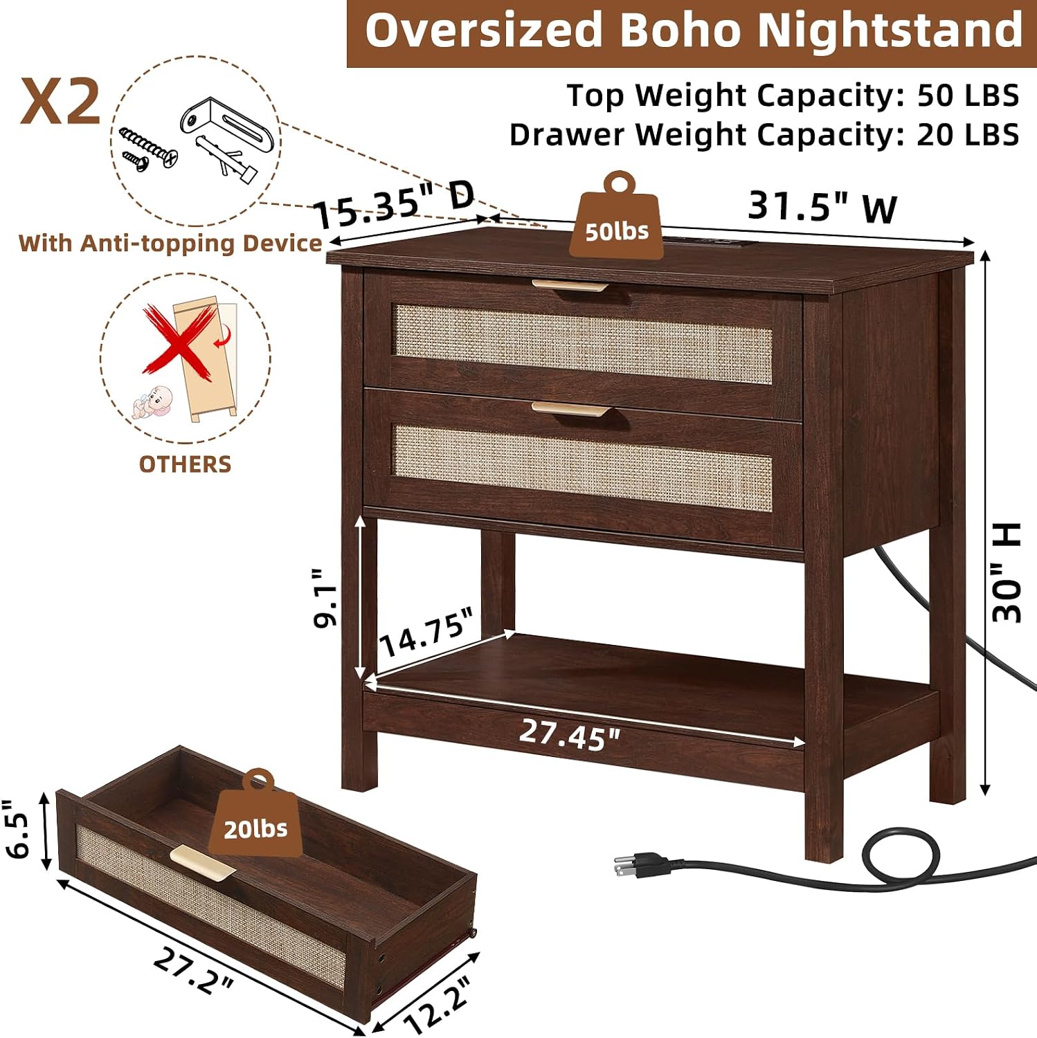 LEYAOYAO 31.5' Wide Rattan Night Stand, Large Boho Nightstand, Bedside Table with Storage, Tall Bed Side End Tables, Chest of Drawers for Bedroom, Living Room, Hallway（Walnut,2 Drawers with Charger,2）