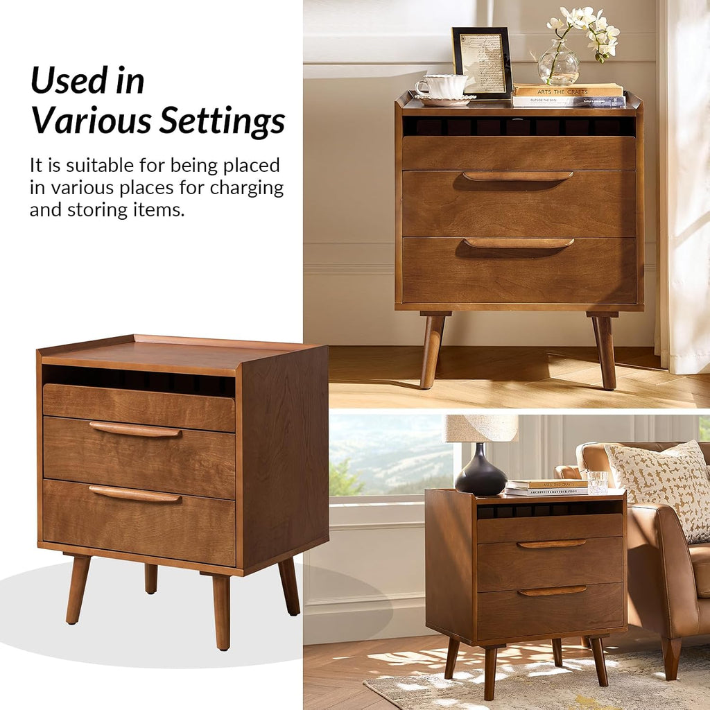 HULALA HOME 2 Drawer End Table with Pull-Out Shelf, Mid-Century Modern End Table with Wood Legs, Wood Side Table with Charging Station(Acorn)