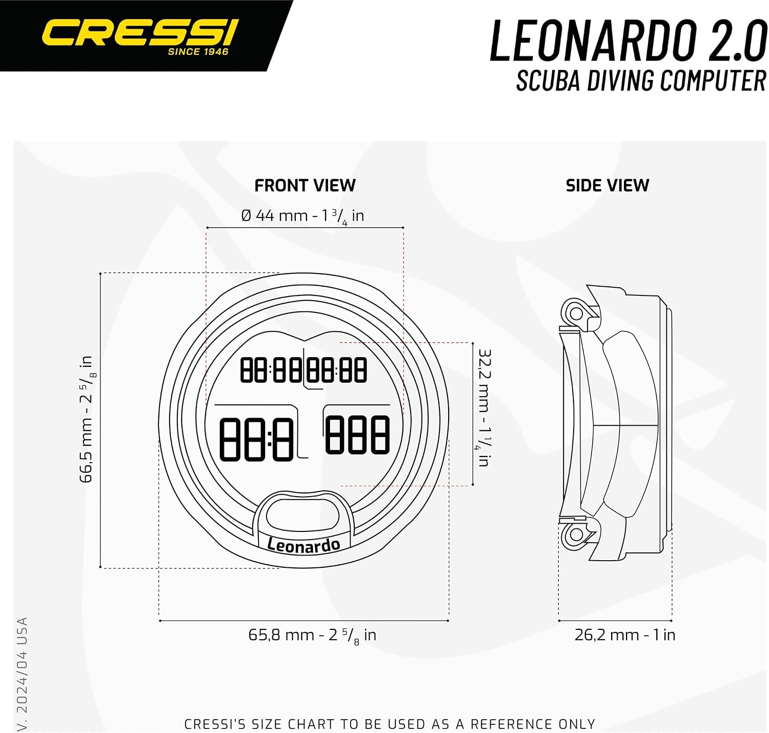 Cressi Leonardo 2.0 Scuba Dive Computer - Air, Nitrox & Gauge Dive Watch - Backlit Waterproof Watch - USB IR Diving Computer