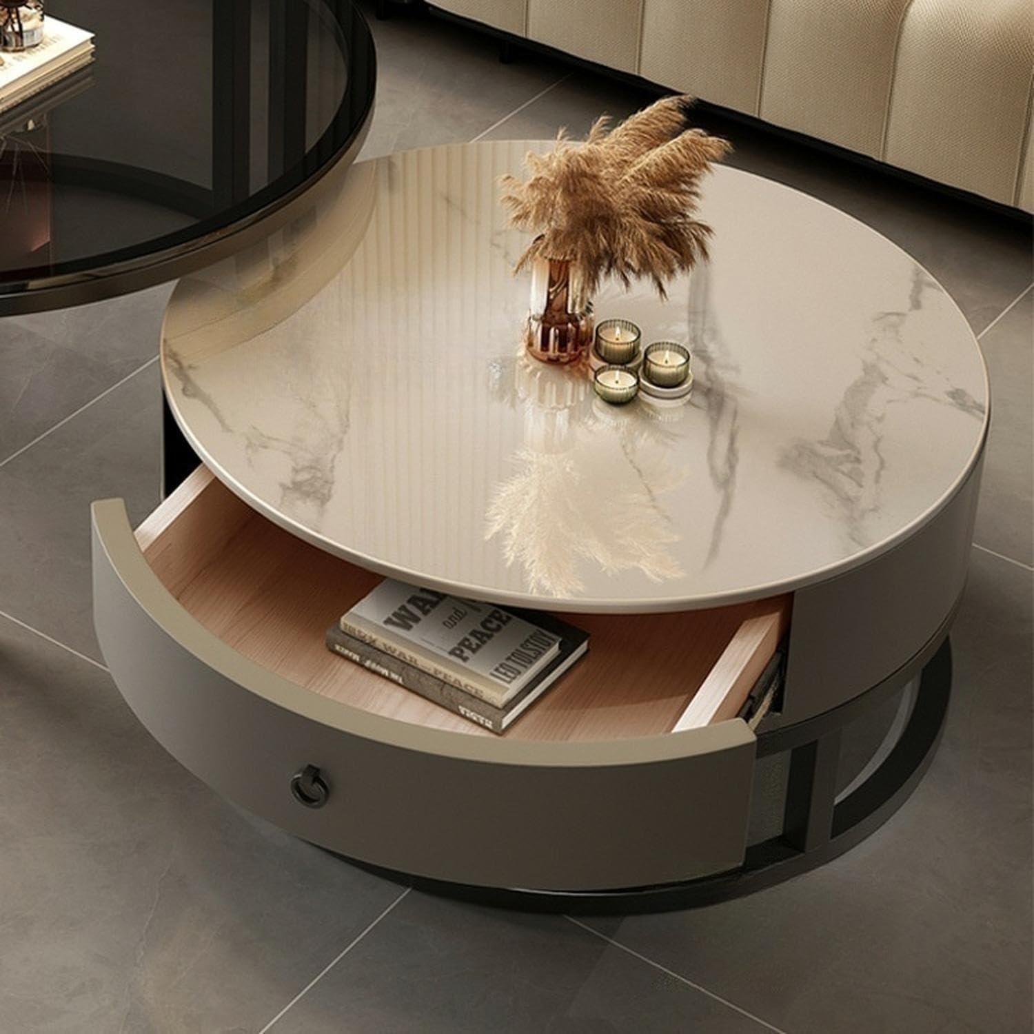 LITFAD 2-Piece Nesting Coffee Tables Steel Frame Round Slate Top Living Room Table Modern Central Table with Storage Drawer for Living Room, Office, Cafe - 27.5'L + 19.5'L Black/ Grey - White/ Pandora