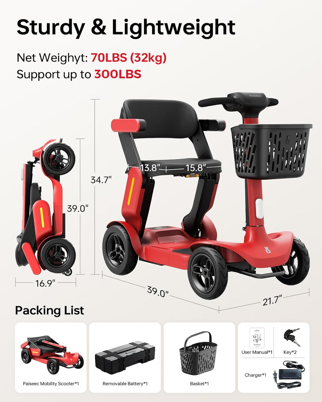 Paiseec Powered Mobility Scooter S3, Removable Battery Foldable Electric Scooter with AI Safety System, Folding Mobility Scooter for Adults Seniors, 25 Miles 6 MPH 300 lbs, All Terrain, Slope Safety