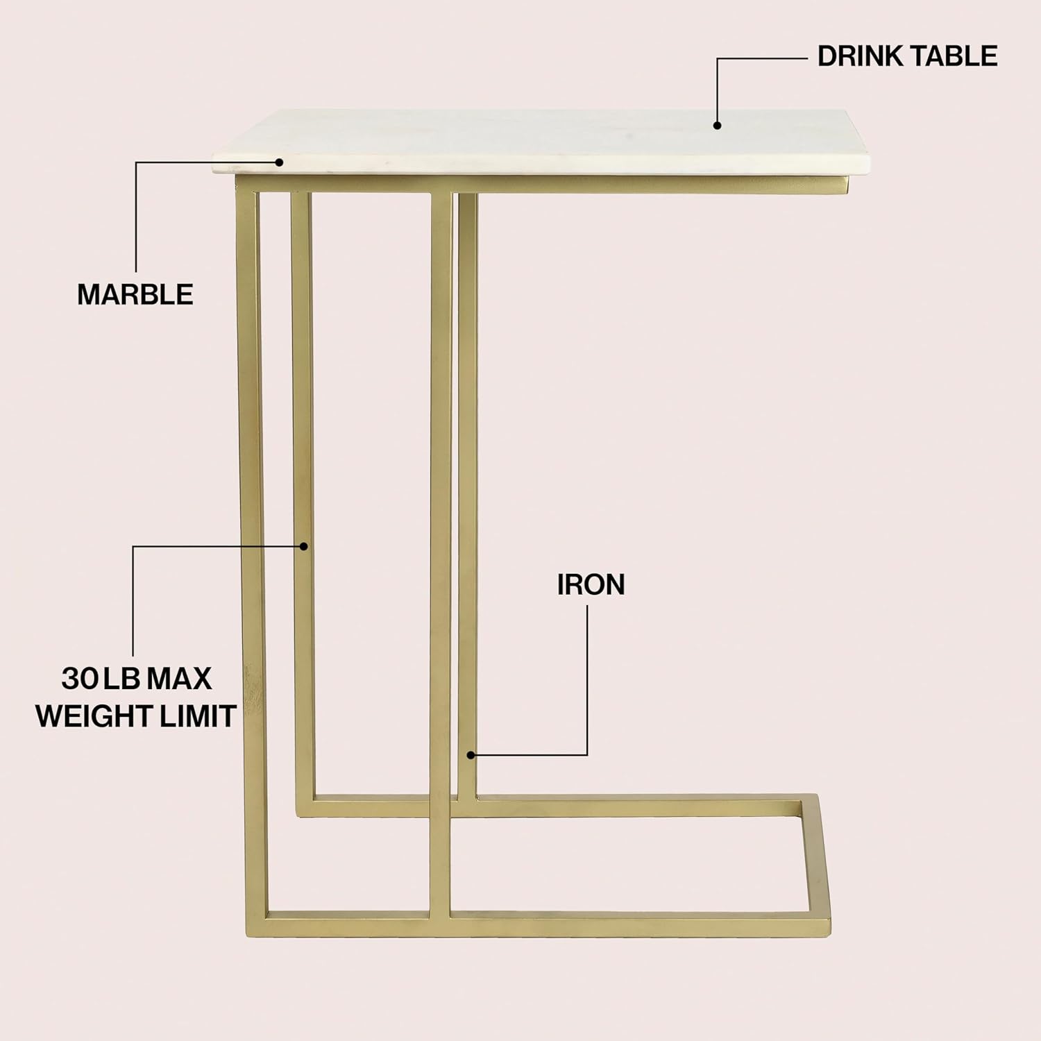 JONATHAN Y END4005B Caius 24.25' Designer Industrial Metal C-Shaped End Table and Side Couch Table with White Marble Top for Living Room, Bedroom, Office, Bathroom, Gold