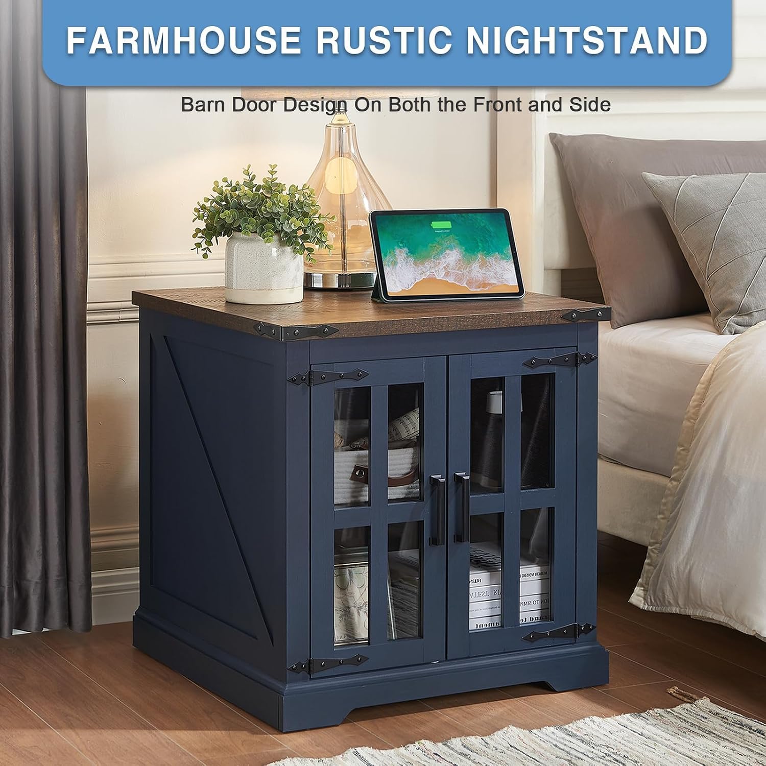 Barnyatoh Farmhouse End Table with Charging Station,24' Large Side Table with Glass Barn Door, Rustic Wood Nightstand Bedside Table with Adjustable Storage Shelf for Living Room, Bedroom, Navy Blue