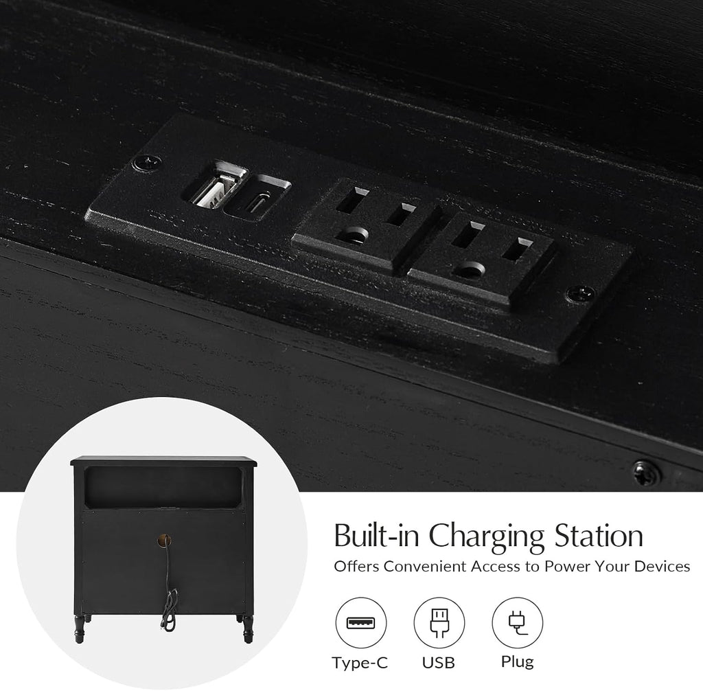 HULALA HOME Solid Wood End Tables Set of 2 with Bamboo-Inspired Frame, 28' Wide Endtables with Charging Station, 3 Drawer Side Tables for Living Room, Black