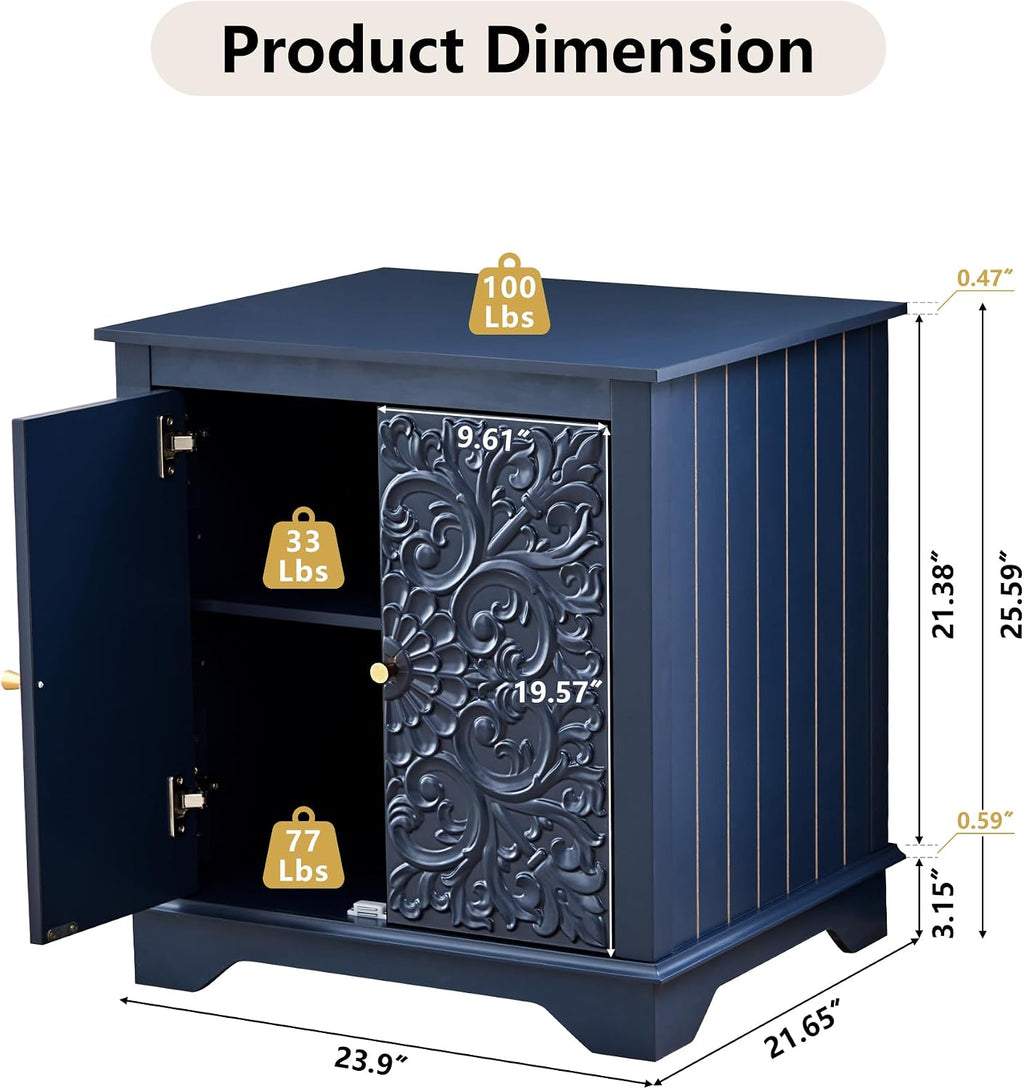 weselon End Table Set of 2, 24' Farmhouse Nightstand with Carved Floral Door & Adjustable Shelf, Square Wooden Sofa Side Table with Storage for Living Room Bedroom (Midnight Blue)