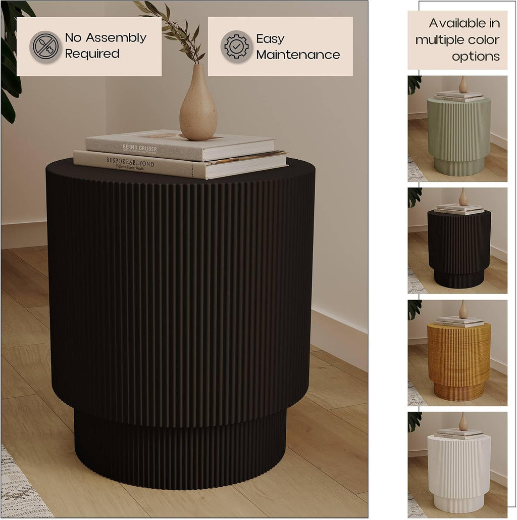 LeisureMod Modern Side Table Round Fiberstone Top Accent End Table for Home, Outdoor Patio, Living Room Sofa, Weather-Resistant, Eden Series in Black