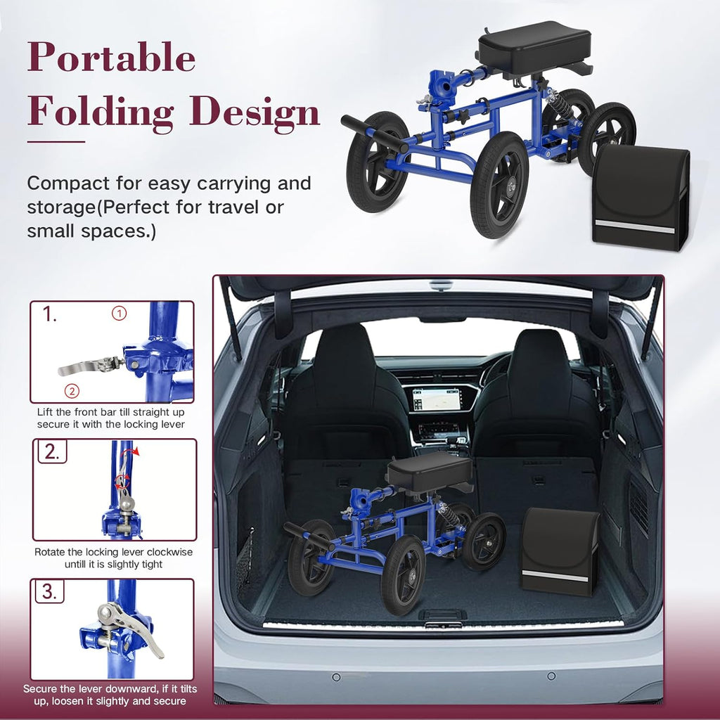 All Terrain Knee Scooter for Adults, Foldable Rolling Knee Scooter with DIY Stickers & Shock Absorber, Steerable Knee Walker for Broken Foot, Ankle Injuries & Surgery, Better Crutch Alternative