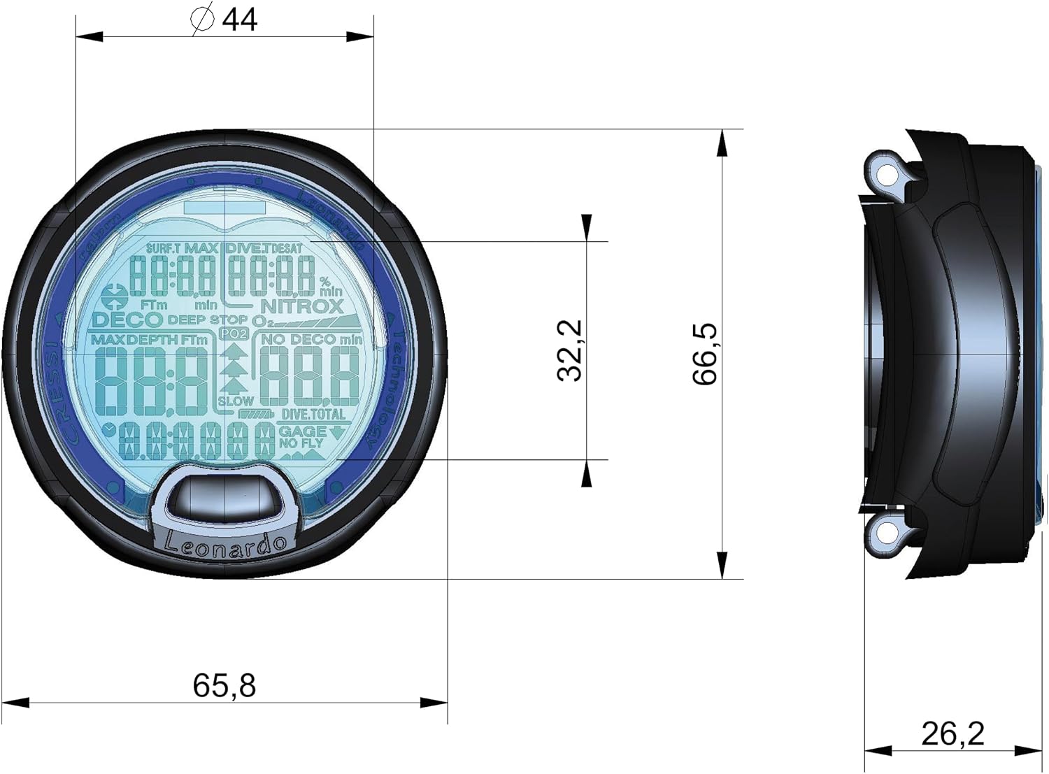 Cressi Leonardo 2.0 Scuba Dive Computer - Air, Nitrox & Gauge Dive Watch - Backlit Waterproof Watch - USB IR Diving Computer