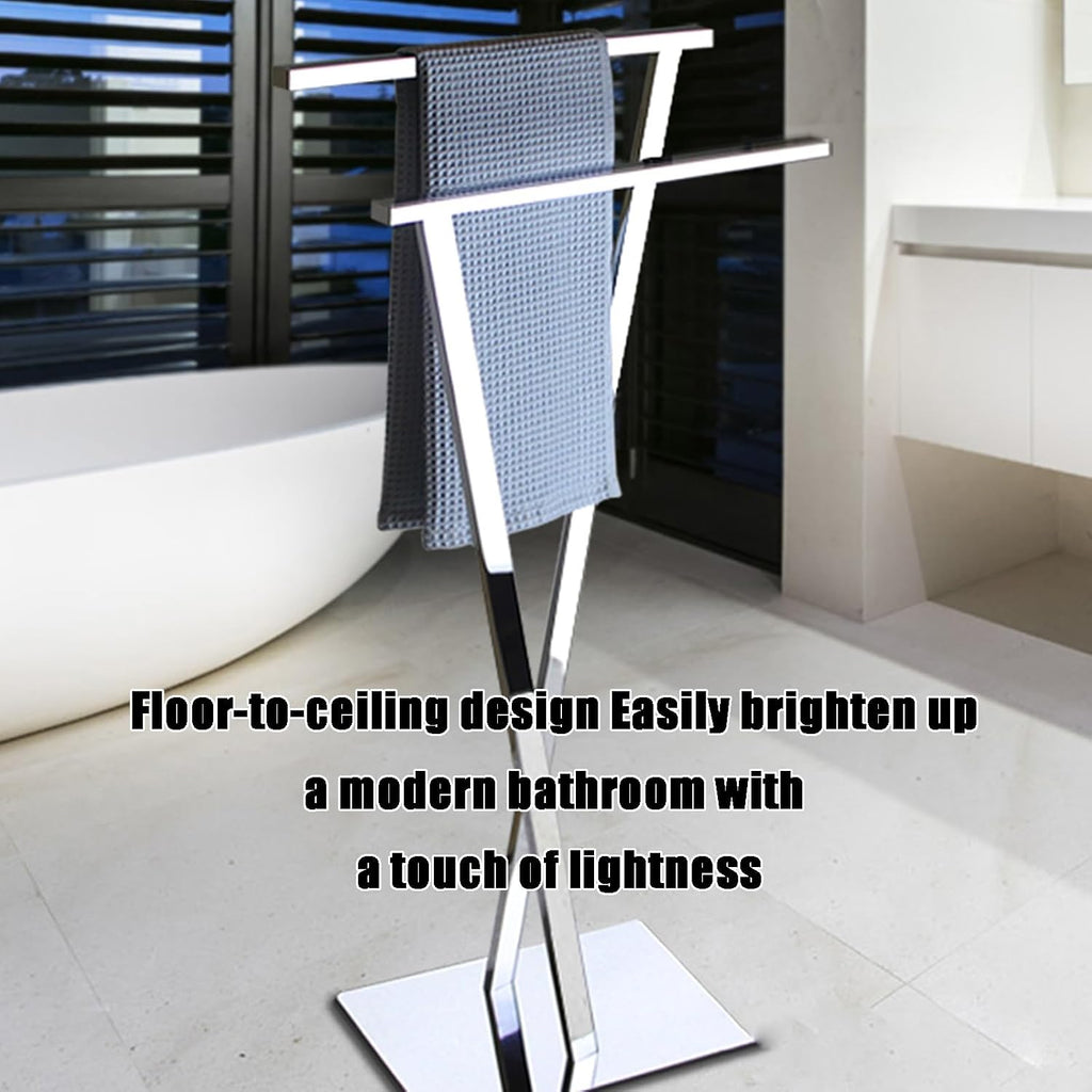 All Copper Floor Standing Towel Holder Double 7 High and Low Double Rod Thickened Base Plate Towel Racks Chrome Plating Process Towel Hanger