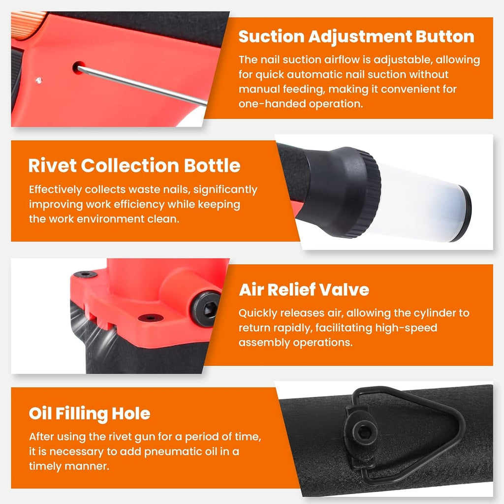 Pneumatic Rivet Gun Air Pop Riveter Tool Kit with 3/32', 1/8', 5/32', 3/16' Rivet Nozzles, Self-Suction Pneumatic Riveting Gun, Upgraded Air Riveter Hydraulic Pop Riveting Rivets Tool