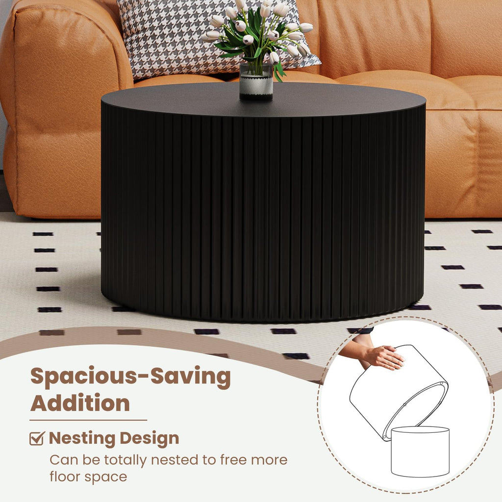 WXFKLDJ Round Nesting Coffee Table Set Cylindrical Wooden Coffee Table Sofa Center Table Circle Embossed Design Side Table for Living Room Apartment No Assembly (Round Black Small)