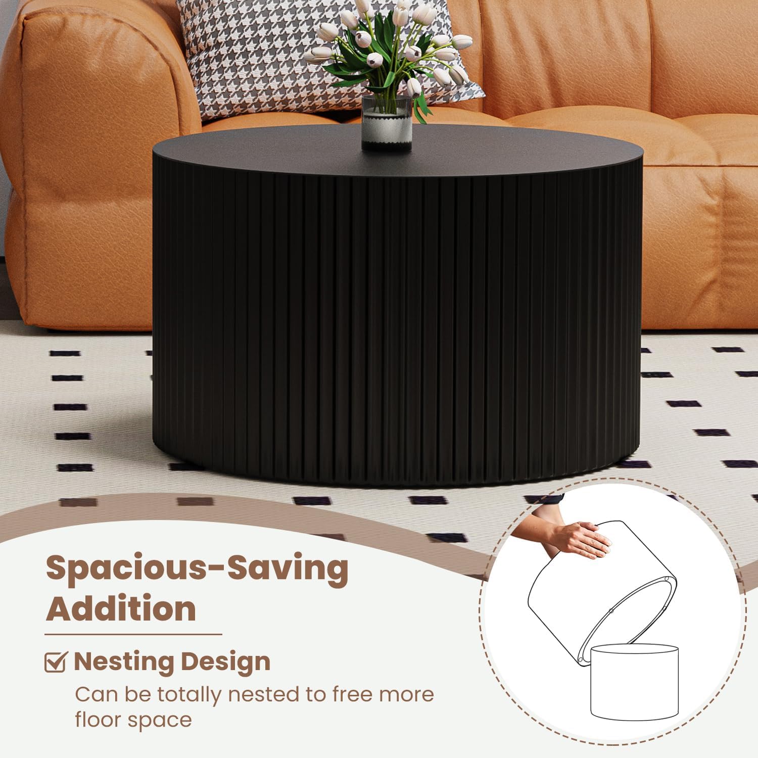 WXFKLDJ Round Nesting Coffee Table Set Cylindrical Wooden Coffee Table Sofa Center Table Circle Embossed Design Side Table for Living Room Apartment No Assembly (Round Black Small)
