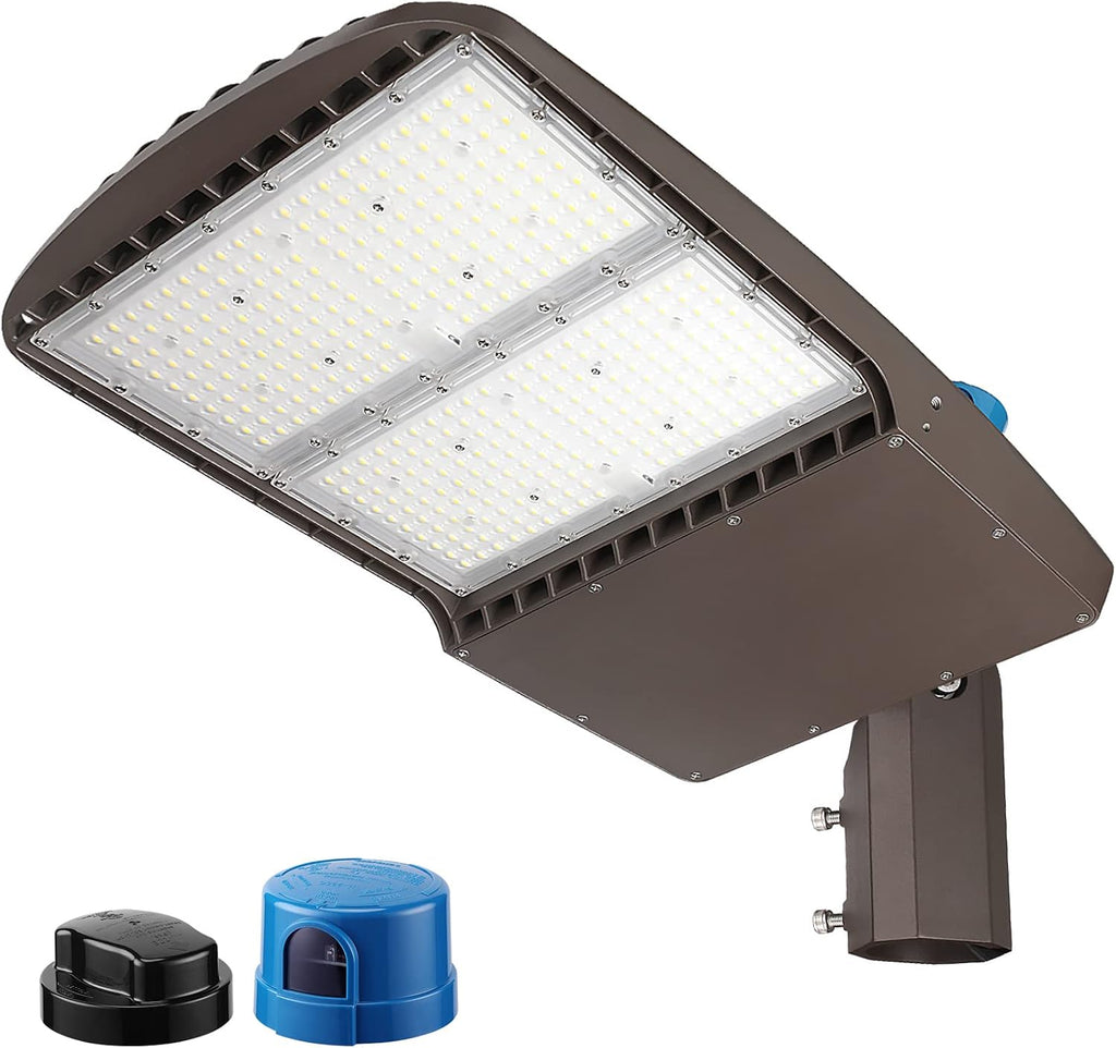 LEONLITE 300W LED Parking Lot Light, 1-10V Dimmable, Adjustable Arm Mount, 42,000lm UL & DLC Listed, Shoebox Pole Light with Photocell, 100-277V, Commercial Street Lighting, IP65, 5000K Daylight