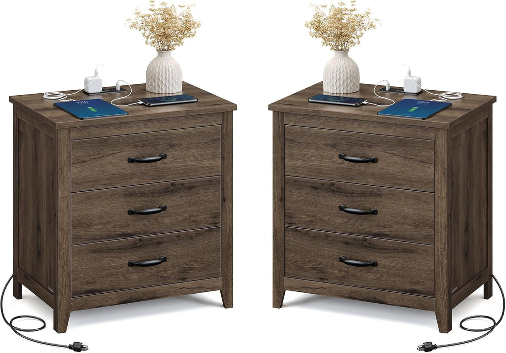 VASAGLE LIRY Collection - Farmhouse Nightstand with Charging Station, Set of 2, Bedside Tables, Side End Tables with 3 Drawers, for Bedroom, Taupe Brown ULET979T01