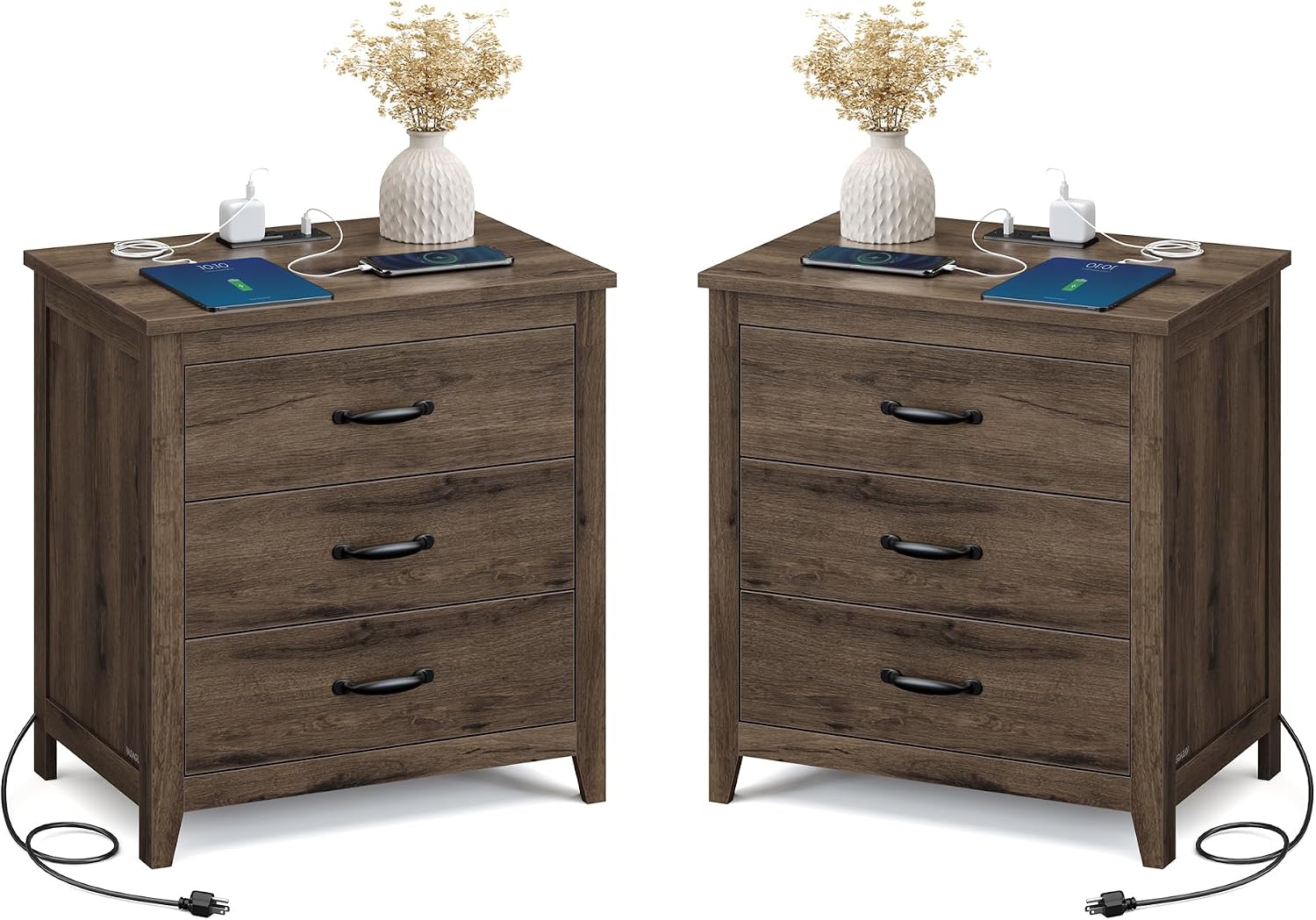 VASAGLE LIRY Collection - Farmhouse Nightstand with Charging Station, Set of 2, Bedside Tables, Side End Tables with 3 Drawers, for Bedroom, Taupe Brown ULET979T01