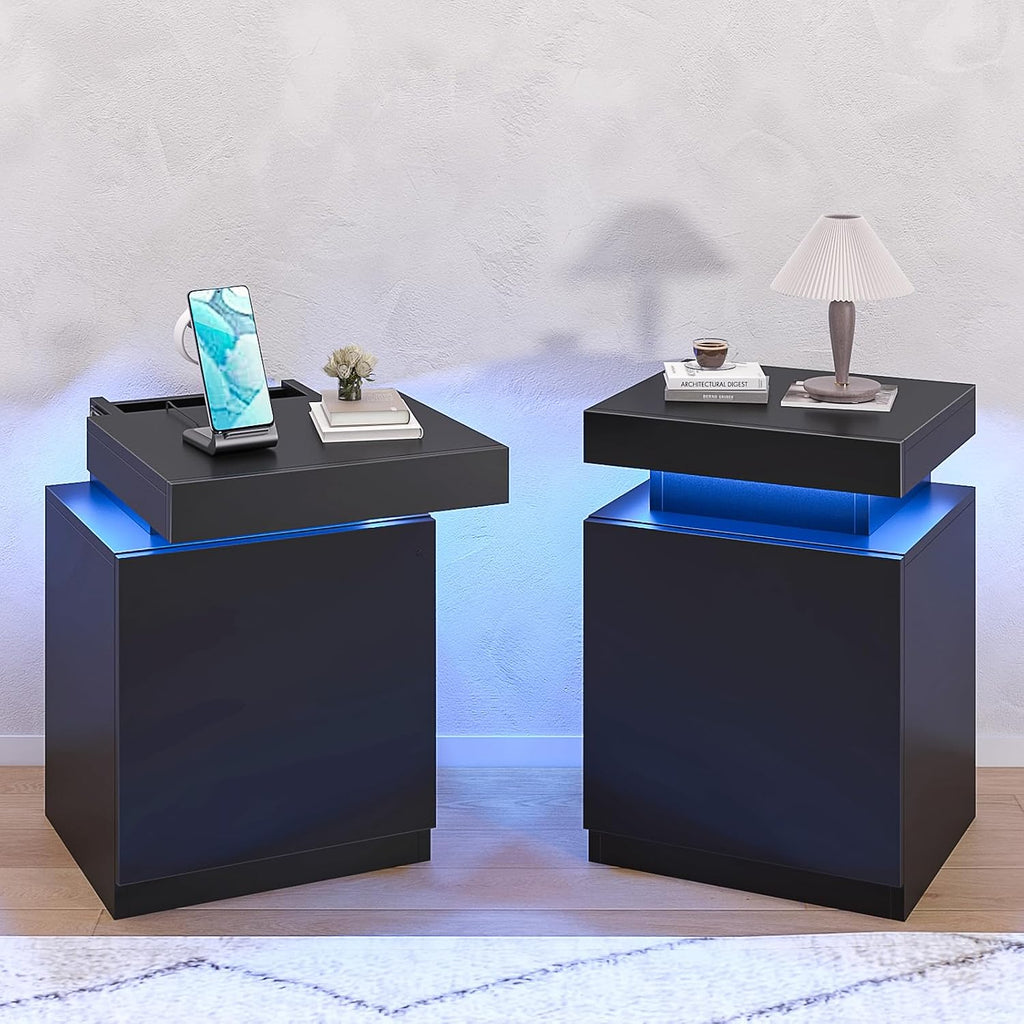 oneinmil Nightstand Set of 2, Night Stands with LED Lights, Charging Station and Sliding Top Storage, Modern Bedside Table of 2, End Side Table for Bedroom, Black