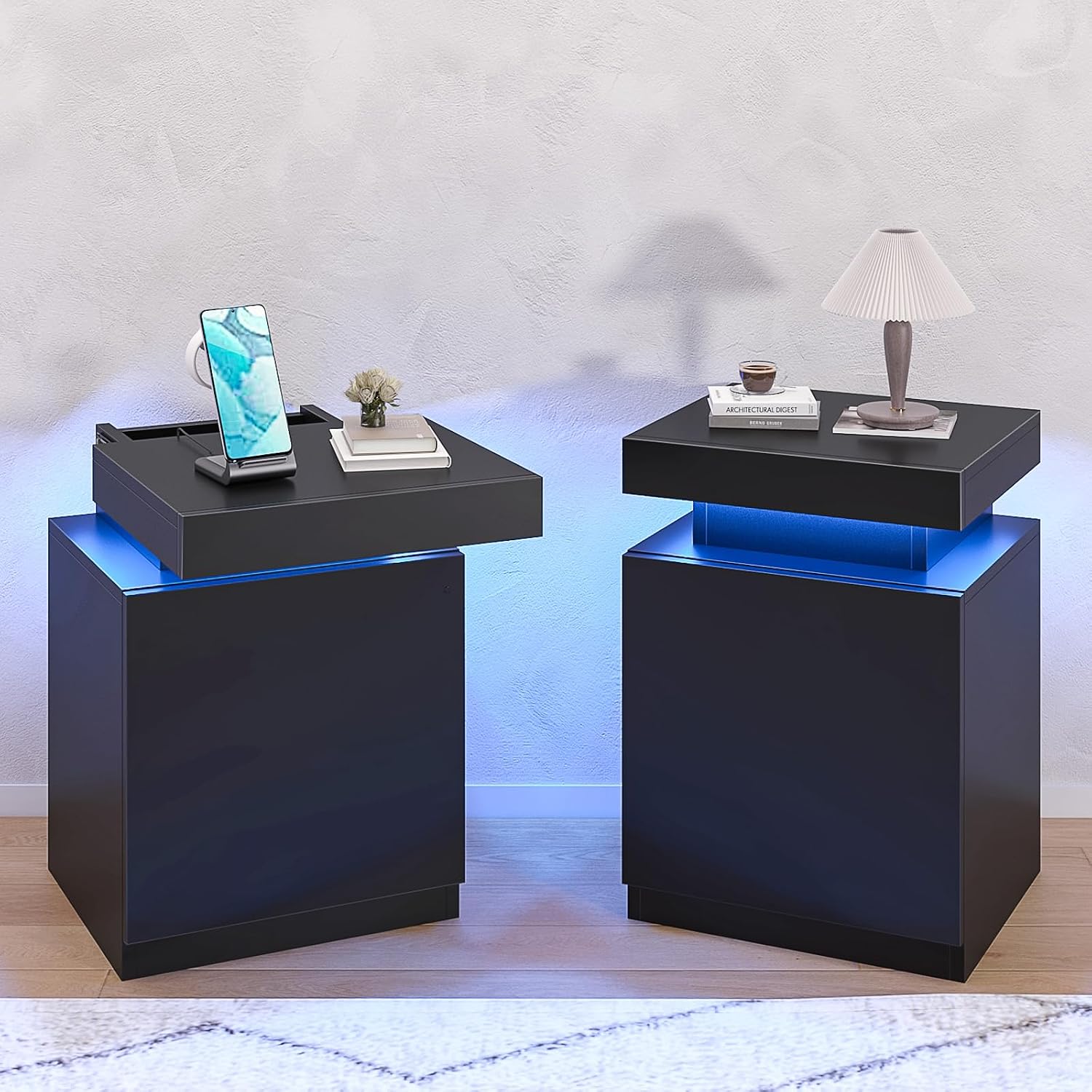 oneinmil Nightstand Set of 2, Night Stands with LED Lights, Charging Station and Sliding Top Storage, Modern Bedside Table of 2, End Side Table for Bedroom, Black