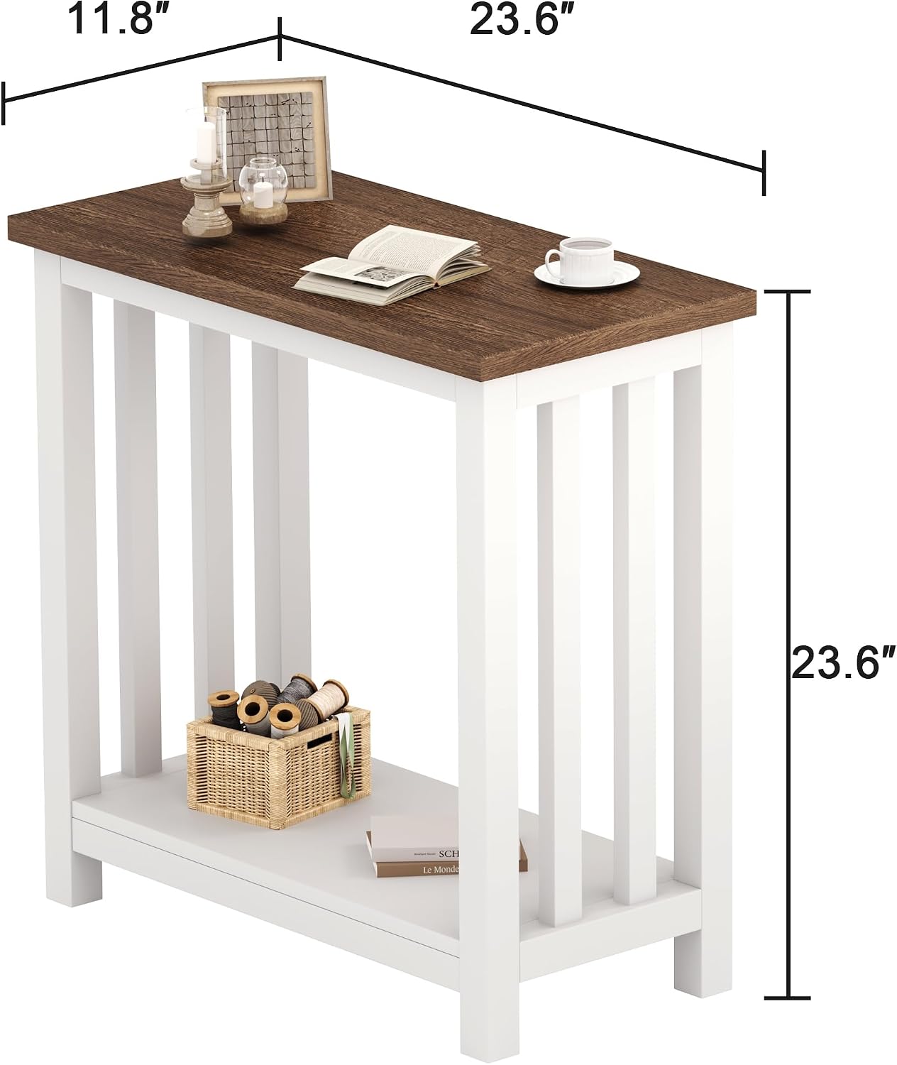 ChooChoo Farmhouse End Tables Set of 2, Narrow Side Tables for Small Spaces, Night Stands with Storage Shelf for Living Room and Bedroom, White and Brown