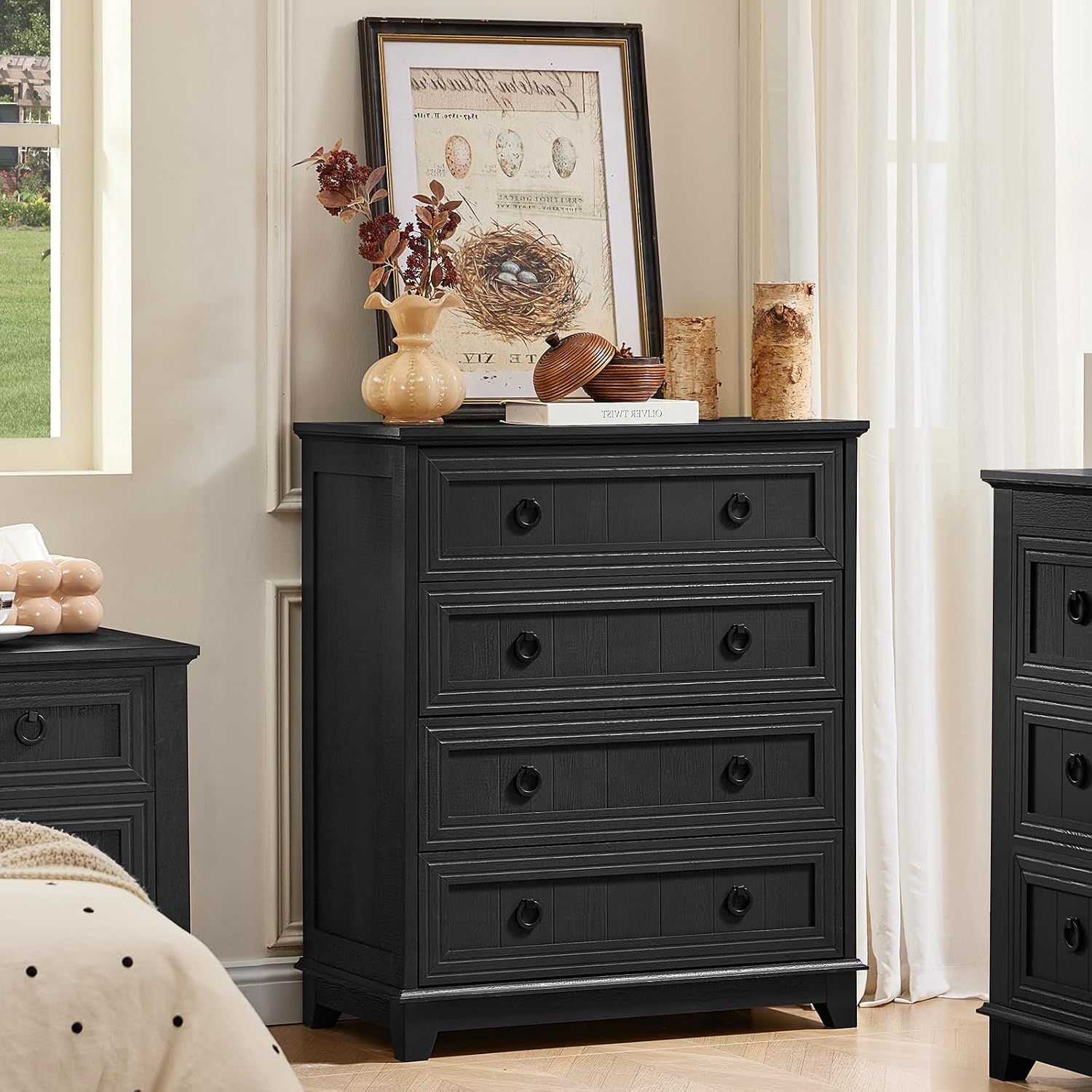 Joaxswe Farmhouse 4 Drawer Dresser for Bedroom Set of 2, 35' Tall Small Dressers & Chest of Drawers, Rustic Wood Dresser with Metal Handle, Storage Organizer Closet for Living Room, Hallway, Entryway