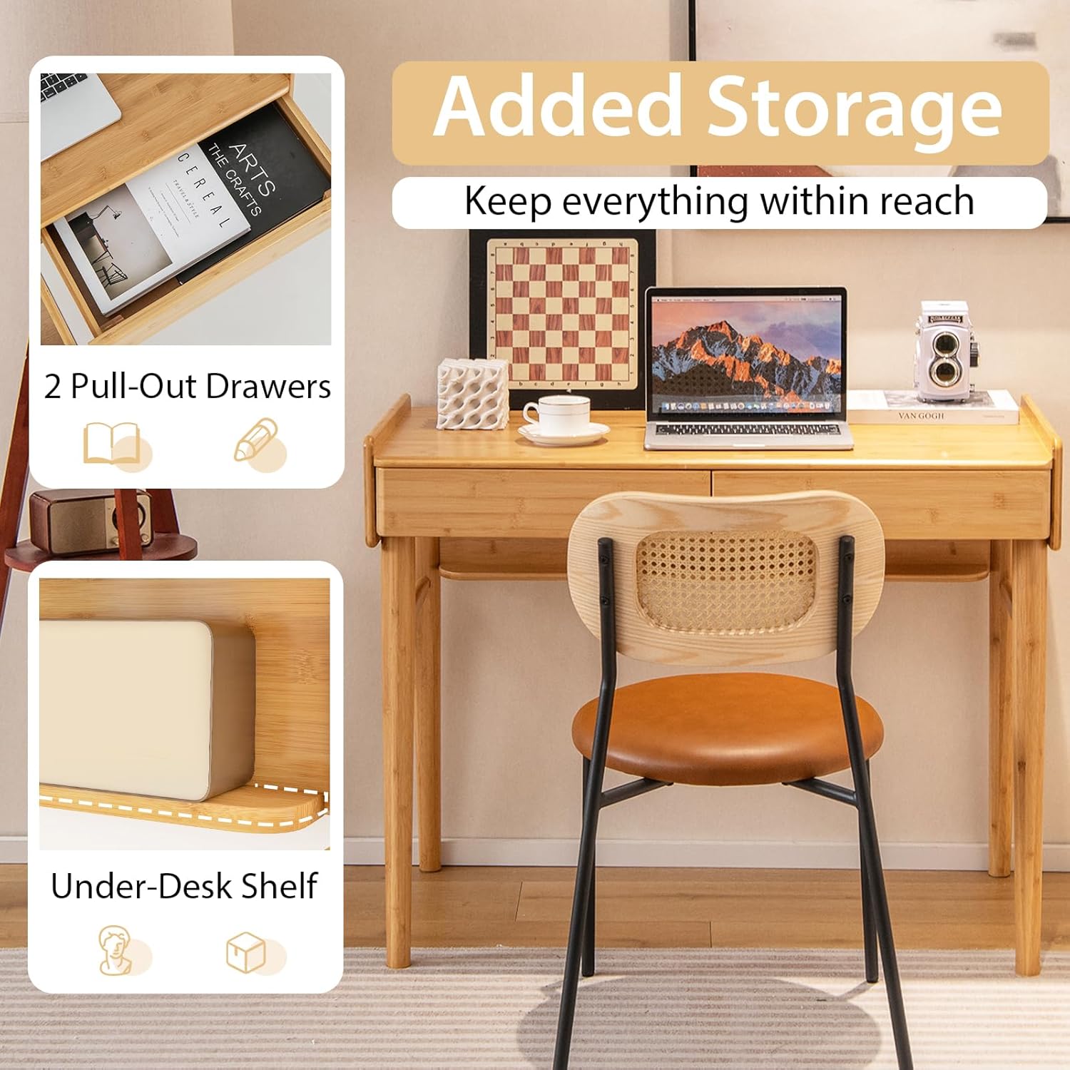 Tangkula Bamboo Mid Century Desk with 2 Storage Drawers, Home Office Study Writing Desk with Shelf & Cable Management Groove, Home Office Desk for Working & Learning (Natural)