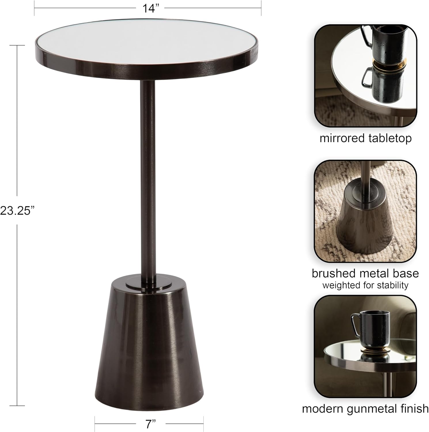 Kate and Laurel Tira Elegant Round Mirrored Side Table, 14 x 14 x 24, Gray Gunmetal, Modern Circle End Table for Use as Bedroom Nightstand or Living Room Plant Stand Table