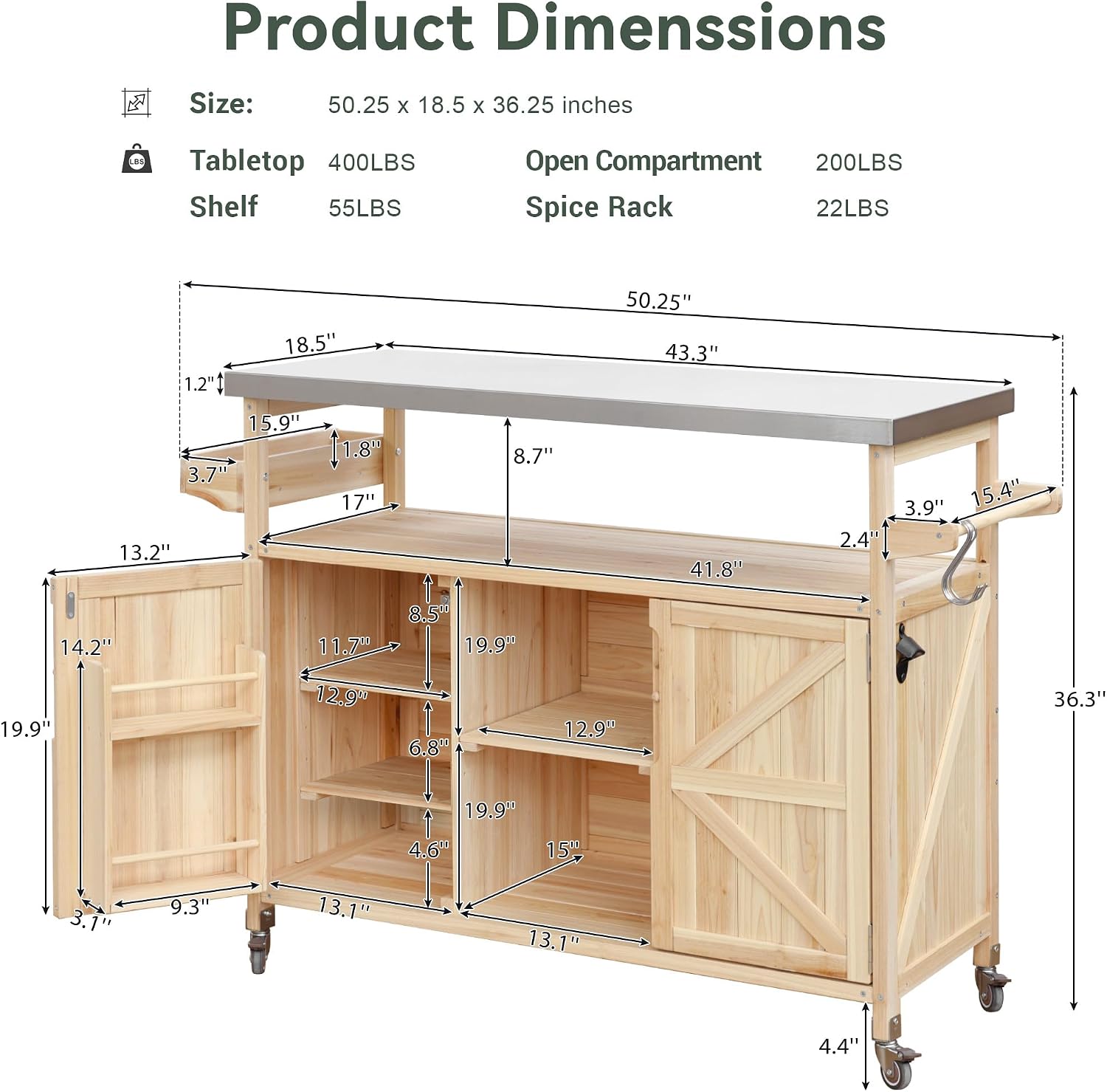 Outdoor Kitchen Rolling Bar Cart with Storage Cabinet, Farmhouse Solid Wood Outdoor Grill Table with Stainless Steel Top, Spice Rack and Towel Rack, Perfect for Barbecue Poolside Patio (Natural)
