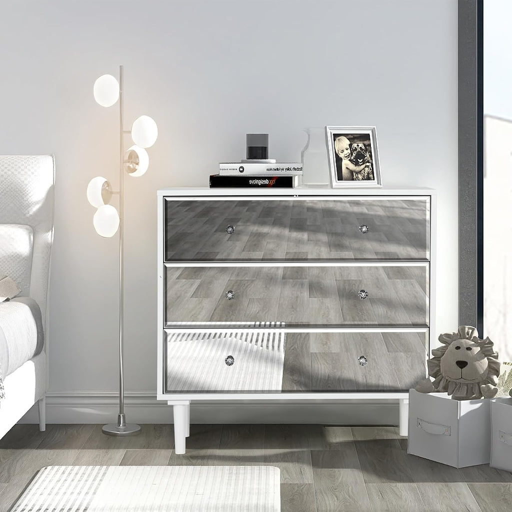 STHOUYN White Nightstand Set of 2 with 3 Drawers, Mirrored Bed Side Tables Bedroom, Modern Bedside Table Set of 2 with Storage, Decorative Night Stand for Living Room(White)