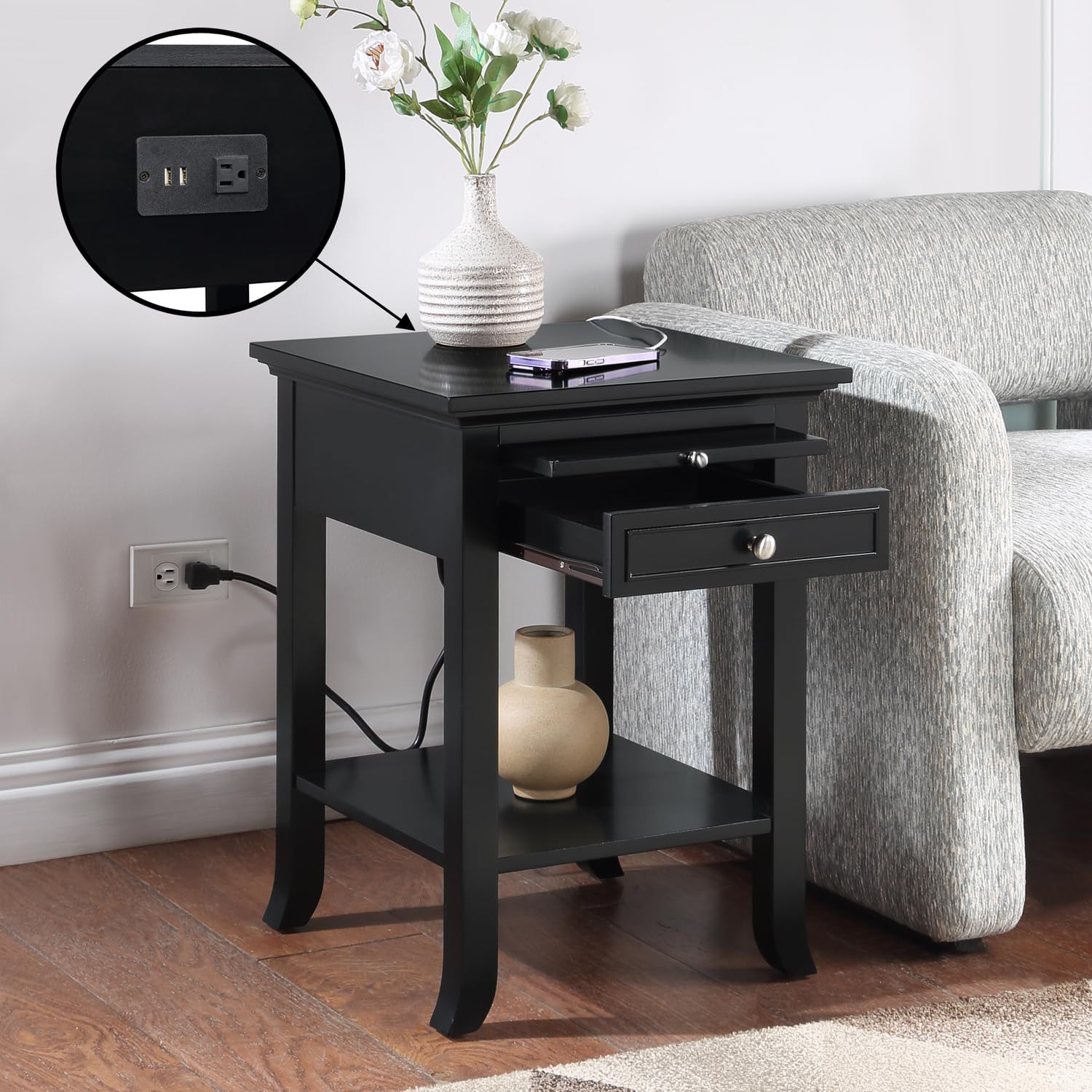 Convenience Concepts American Heritage Logan End Table with USB Ports & AC Outlet 18' - Square Living Room Side Table with Storage Drawer & Pull-Out Shelf, Bedroom Nightstand with Charging, Black